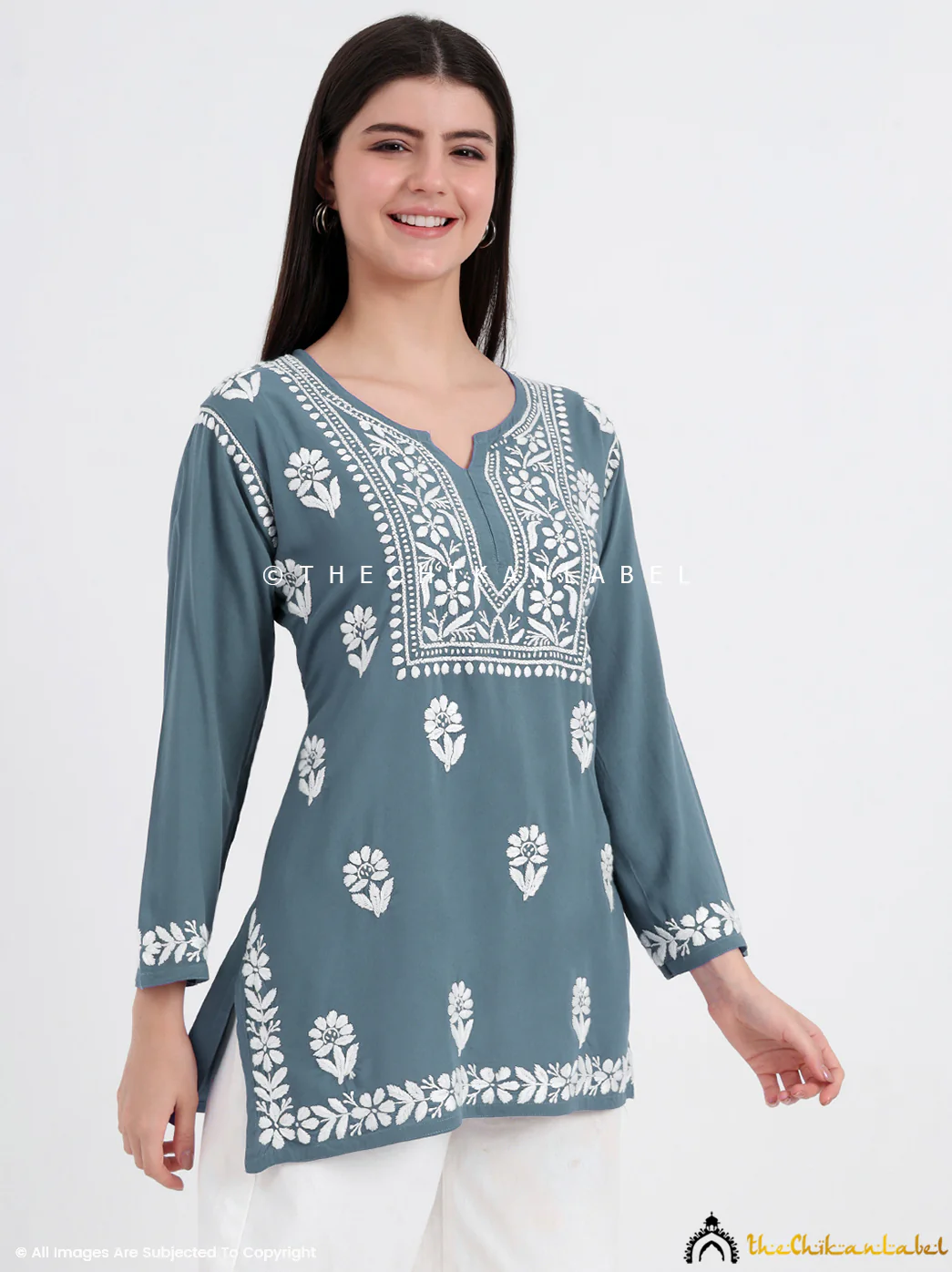 Ayesha Rayon Chikankari Short Top - Gray - Image 4