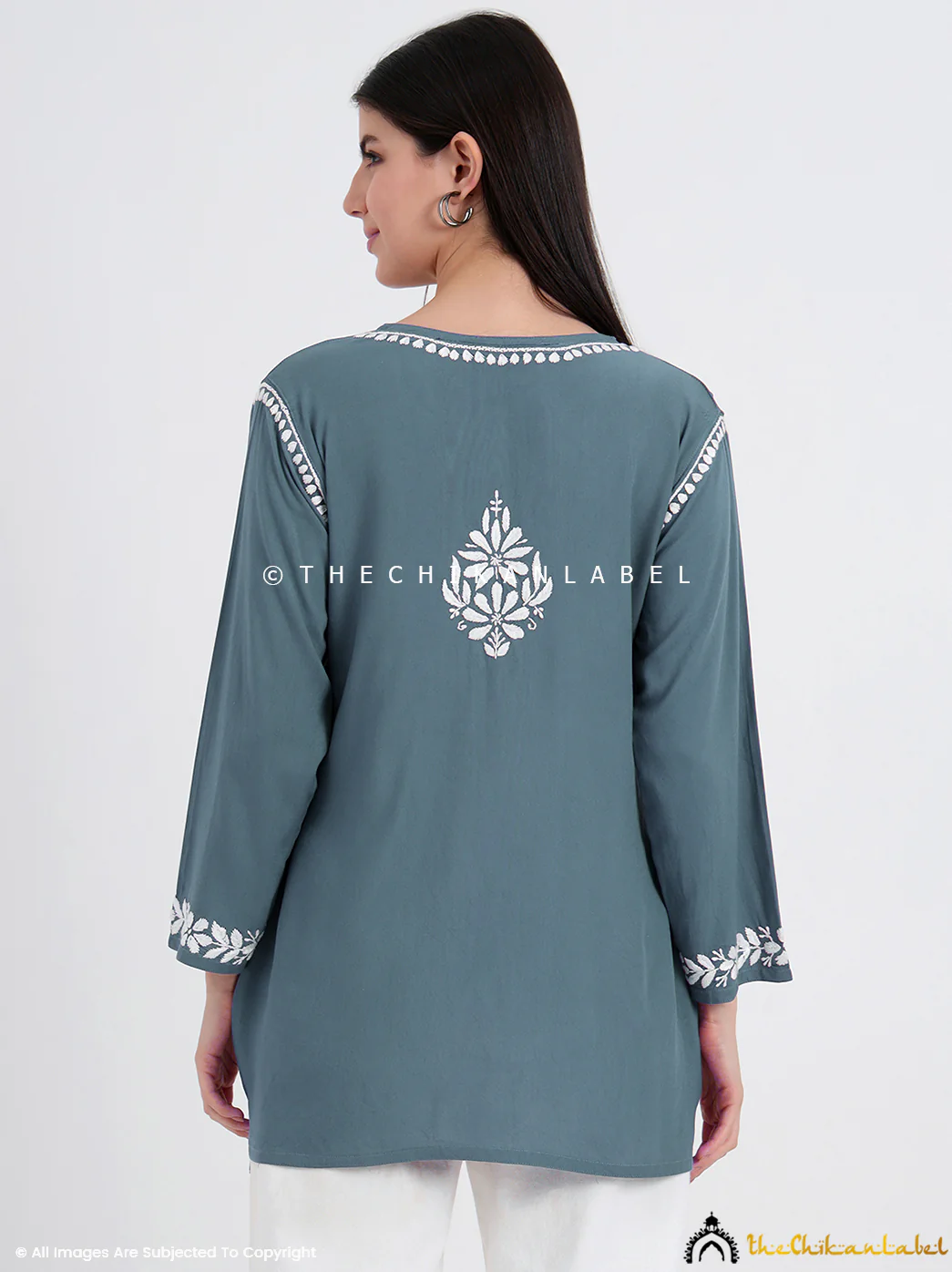 Ayesha Rayon Chikankari Short Top - Gray - Image 5