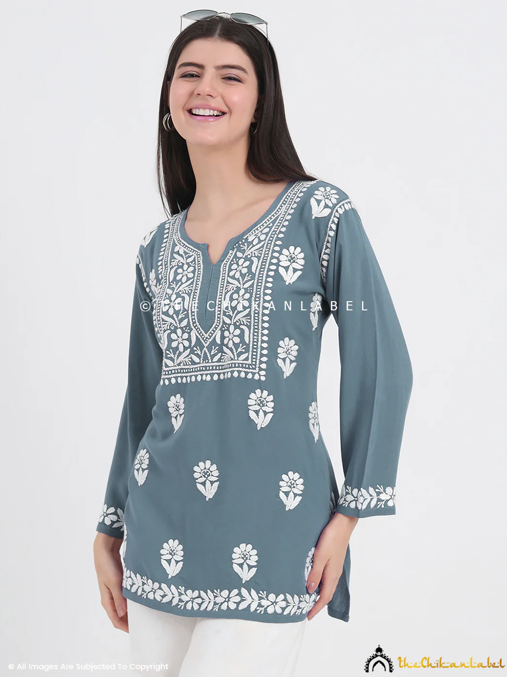 Ayesha Rayon Chikankari Short Top - Gray - Image 6