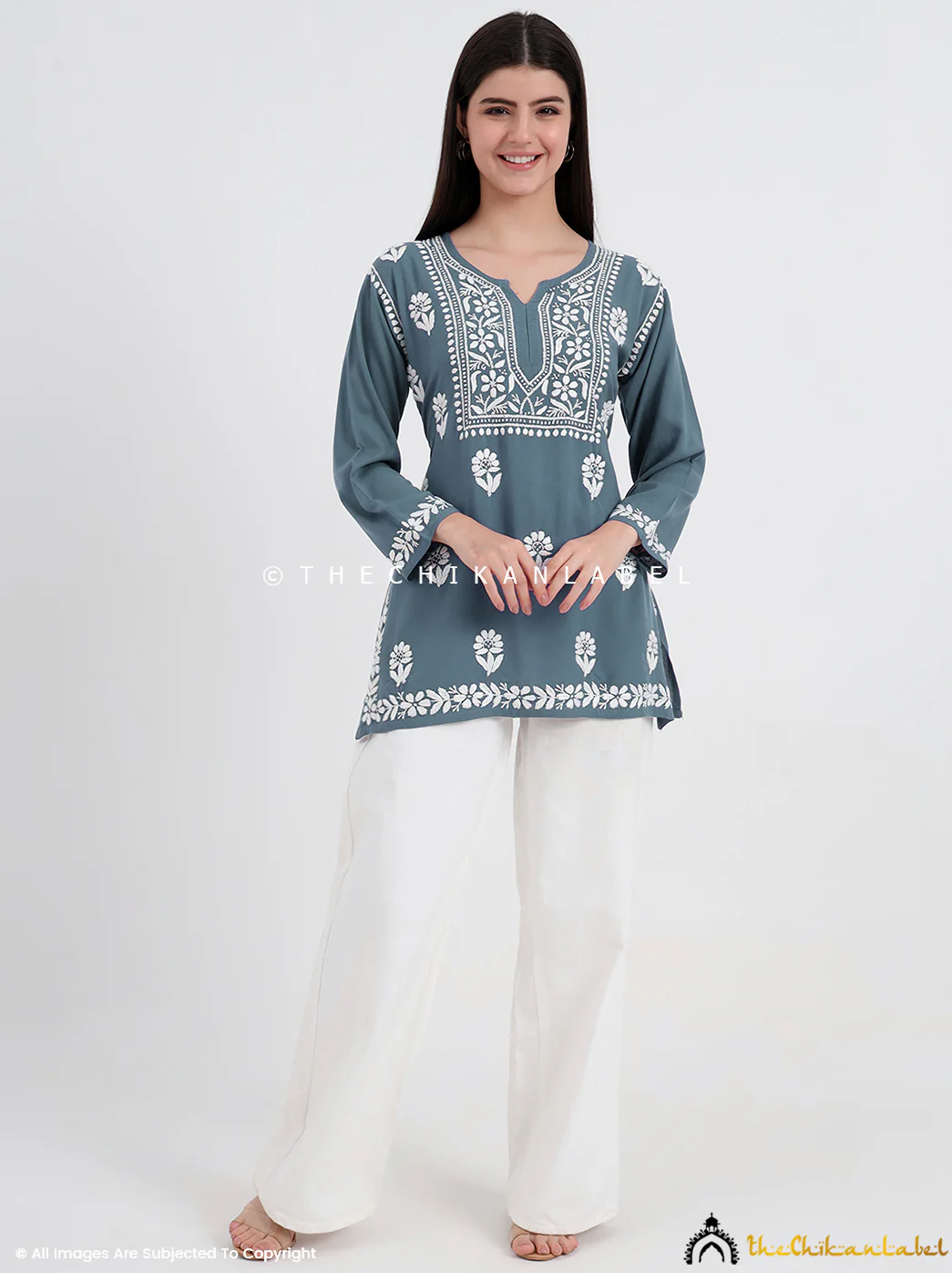 Ayesha Rayon Chikankari Short Top - Gray - Image 7