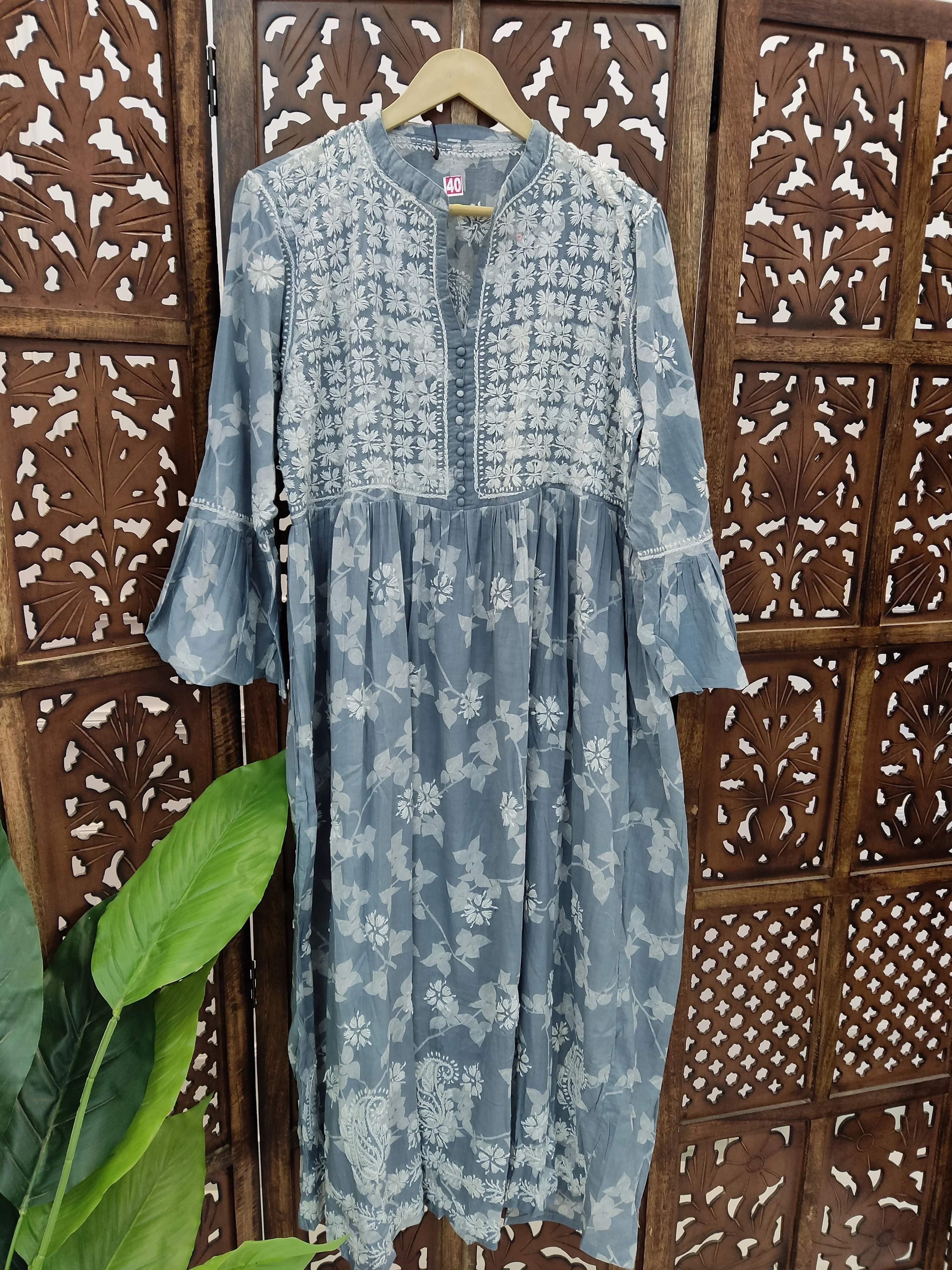 Grey Mulmul Printed Chikankari Kurti - Image 2