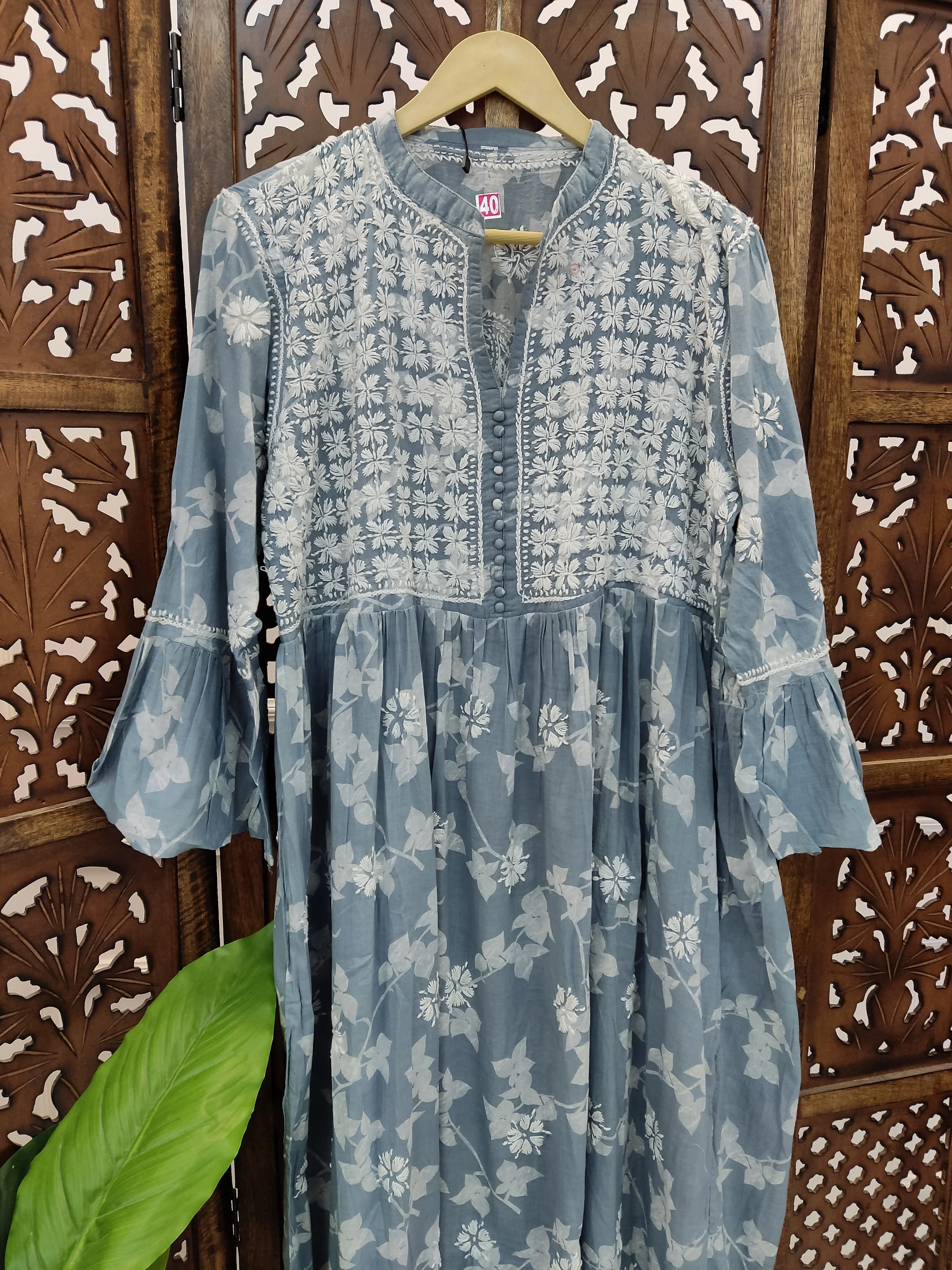 Grey Mulmul Printed Chikankari Kurti - Image 3