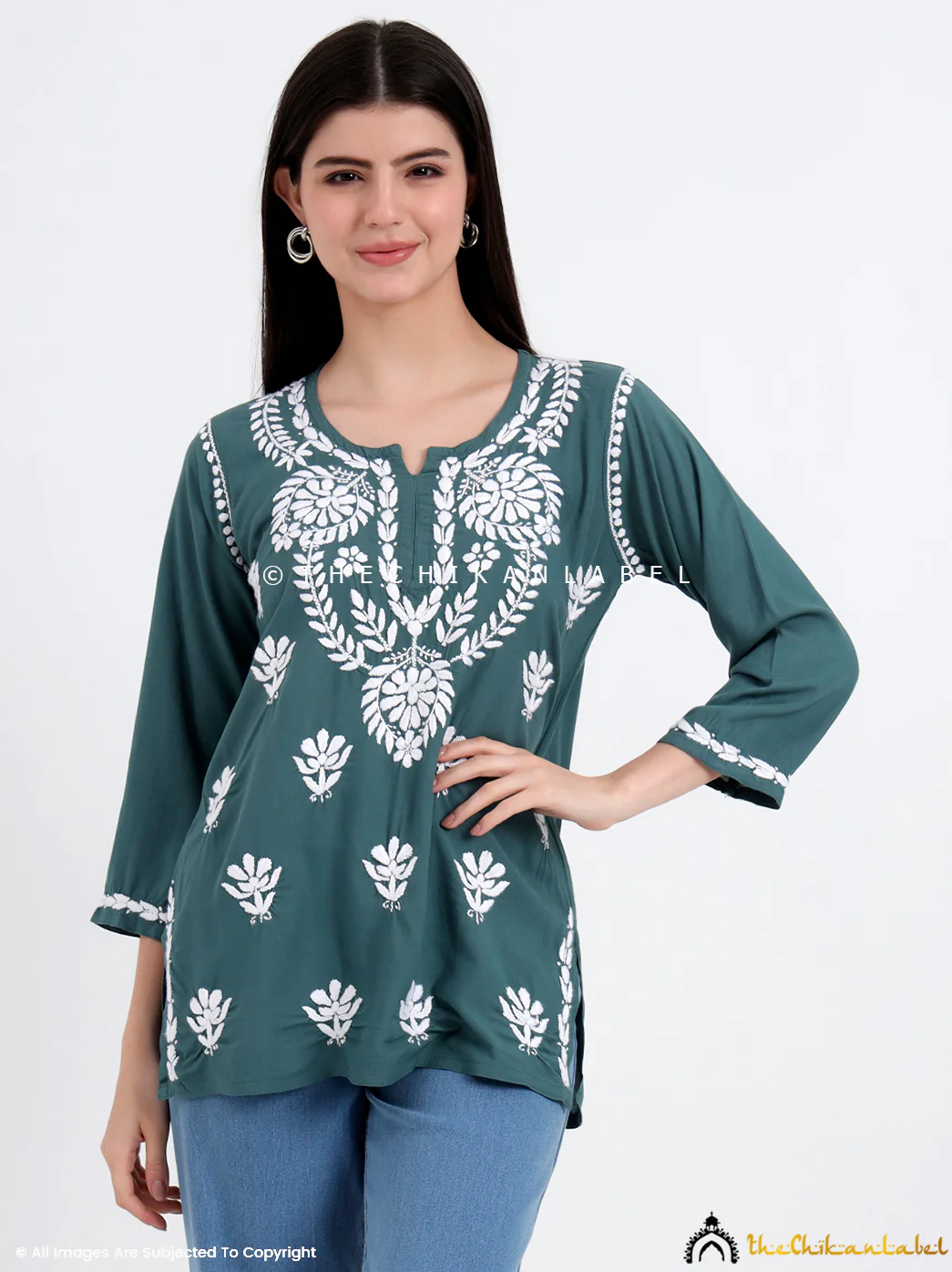 Chahat Rayon Chikankari Short Top - Green