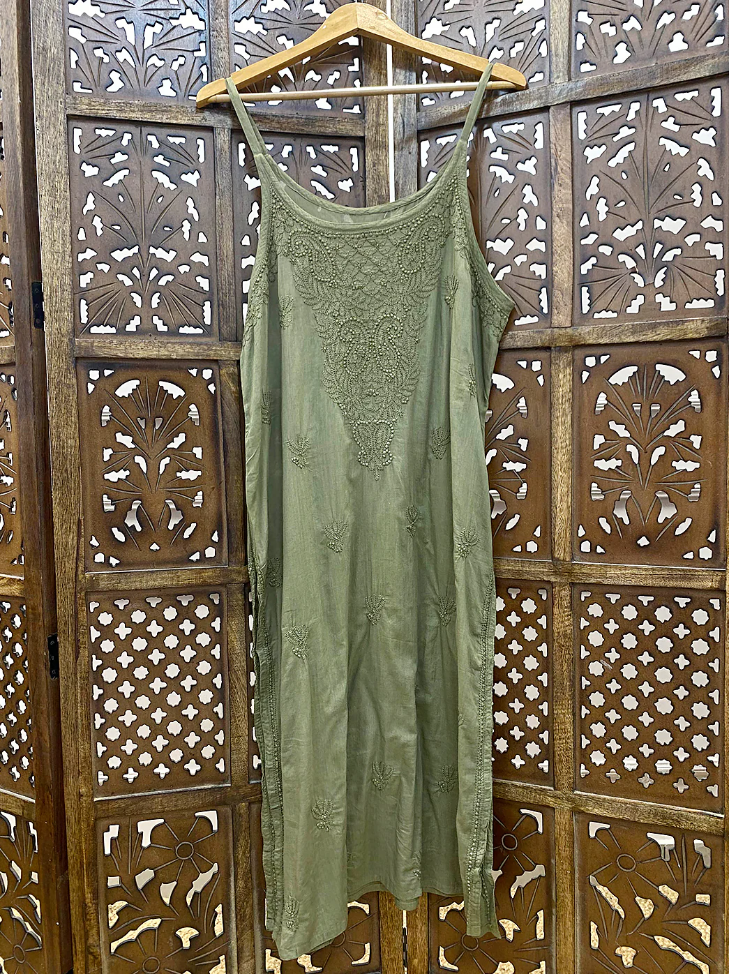 Green Cotton Chikankari Strappy Kurta - Image 2