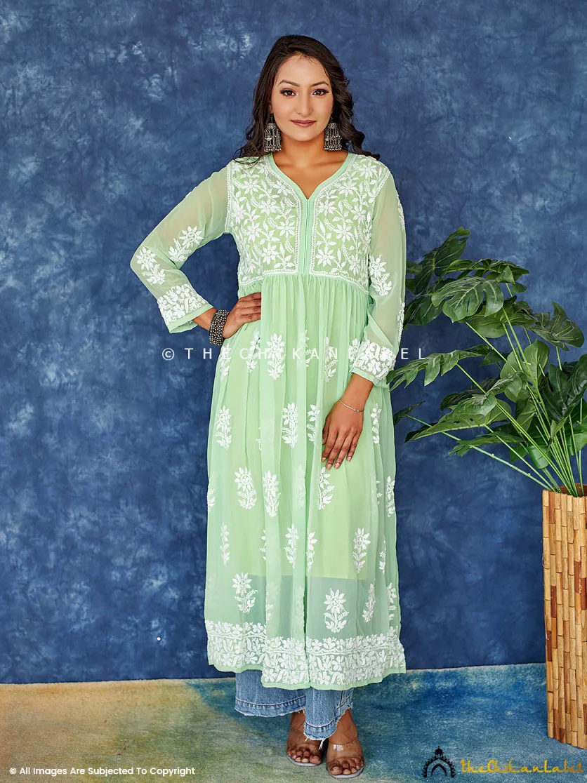 Green Georgette Chikankari Anarkali Kurta