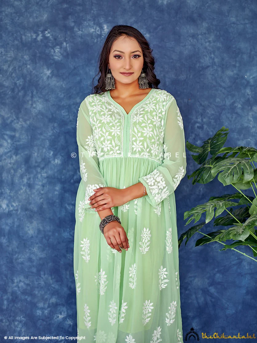 Green Georgette Chikankari Anarkali Kurta - Image 2