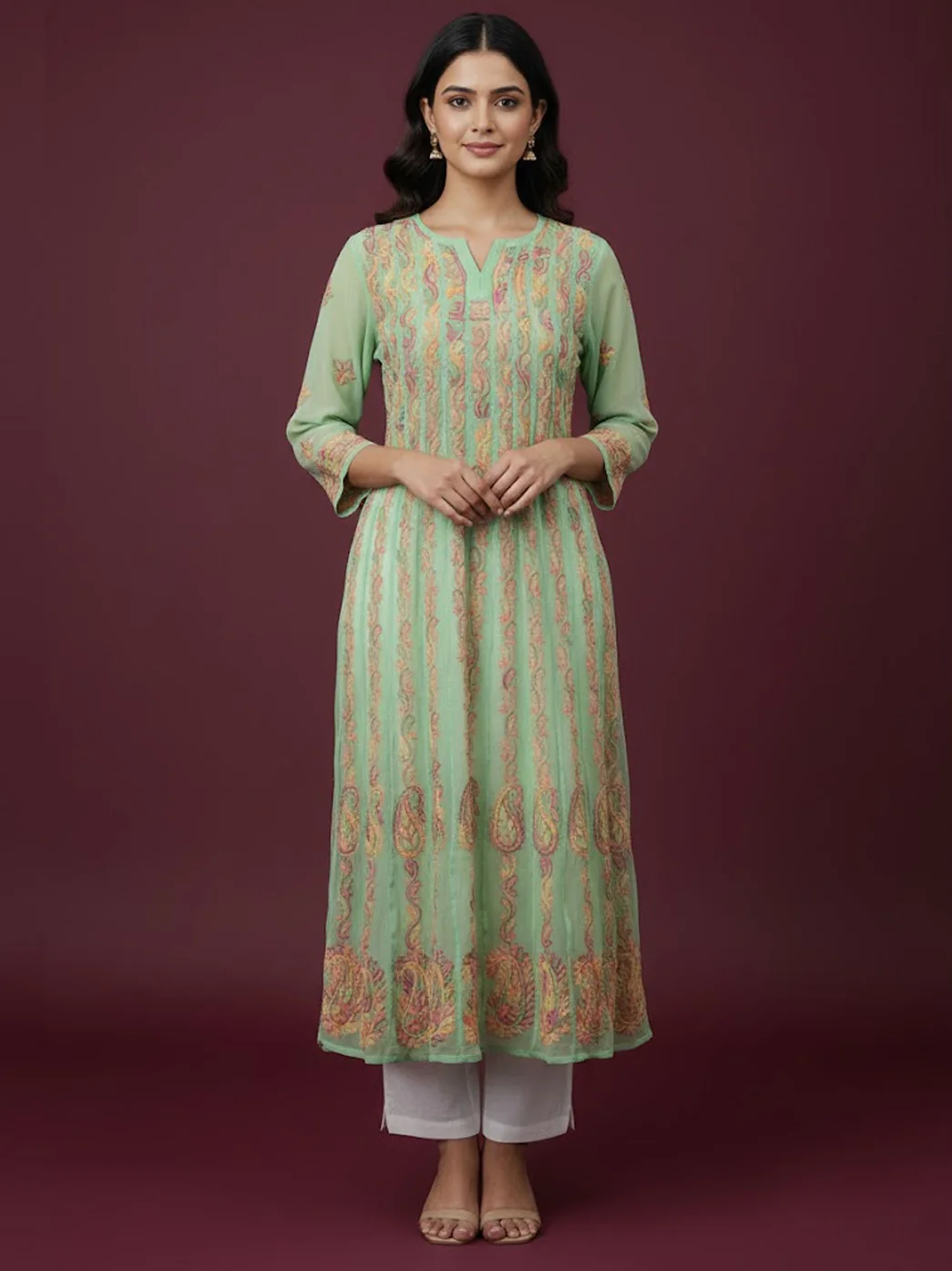 Green Georgette Chikankari Anarkali Kurti