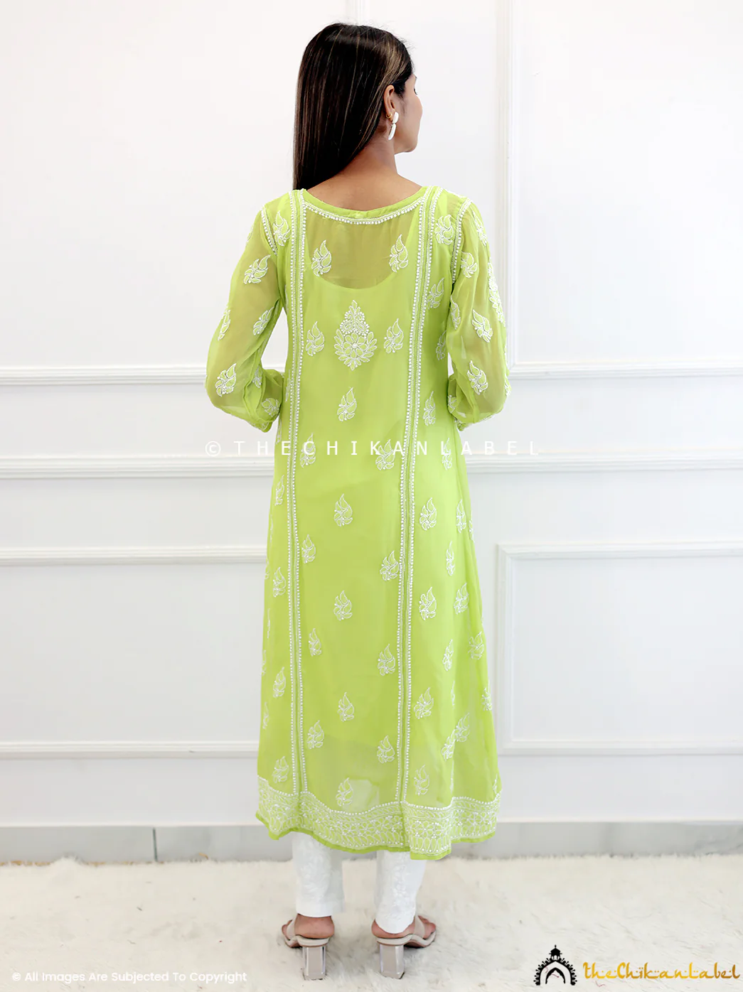 Green Georgette Chikankari Angarkha Kurti - Image 3