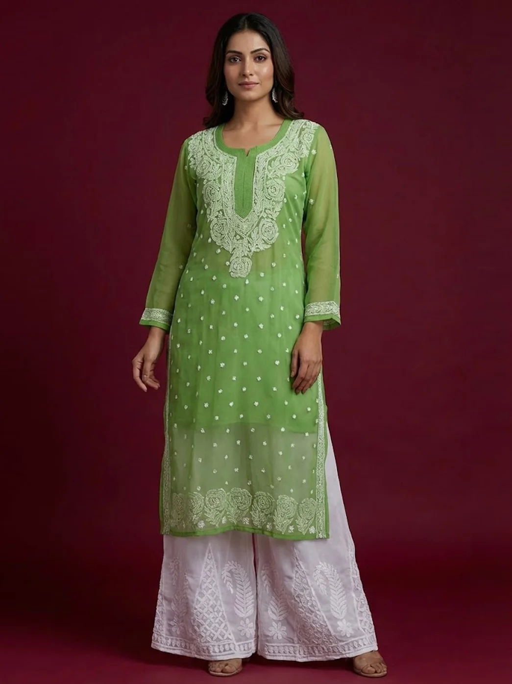 Green Georgette Chikankari Kurti Sharara Set
