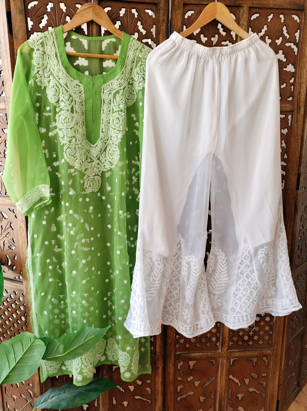 Green Georgette Chikankari Kurti Sharara Set - Image 2