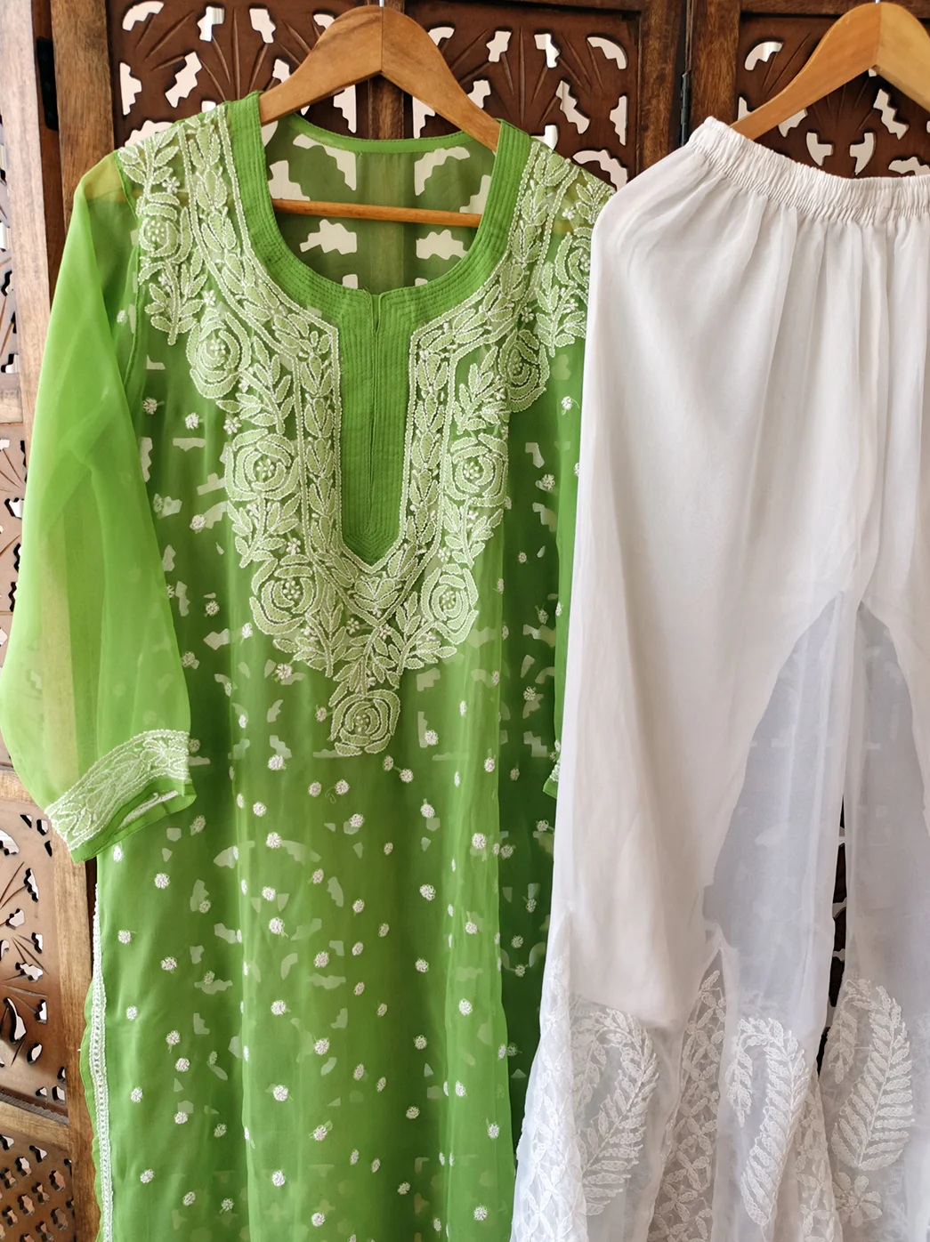 Green Georgette Chikankari Kurti Sharara Set - Image 3