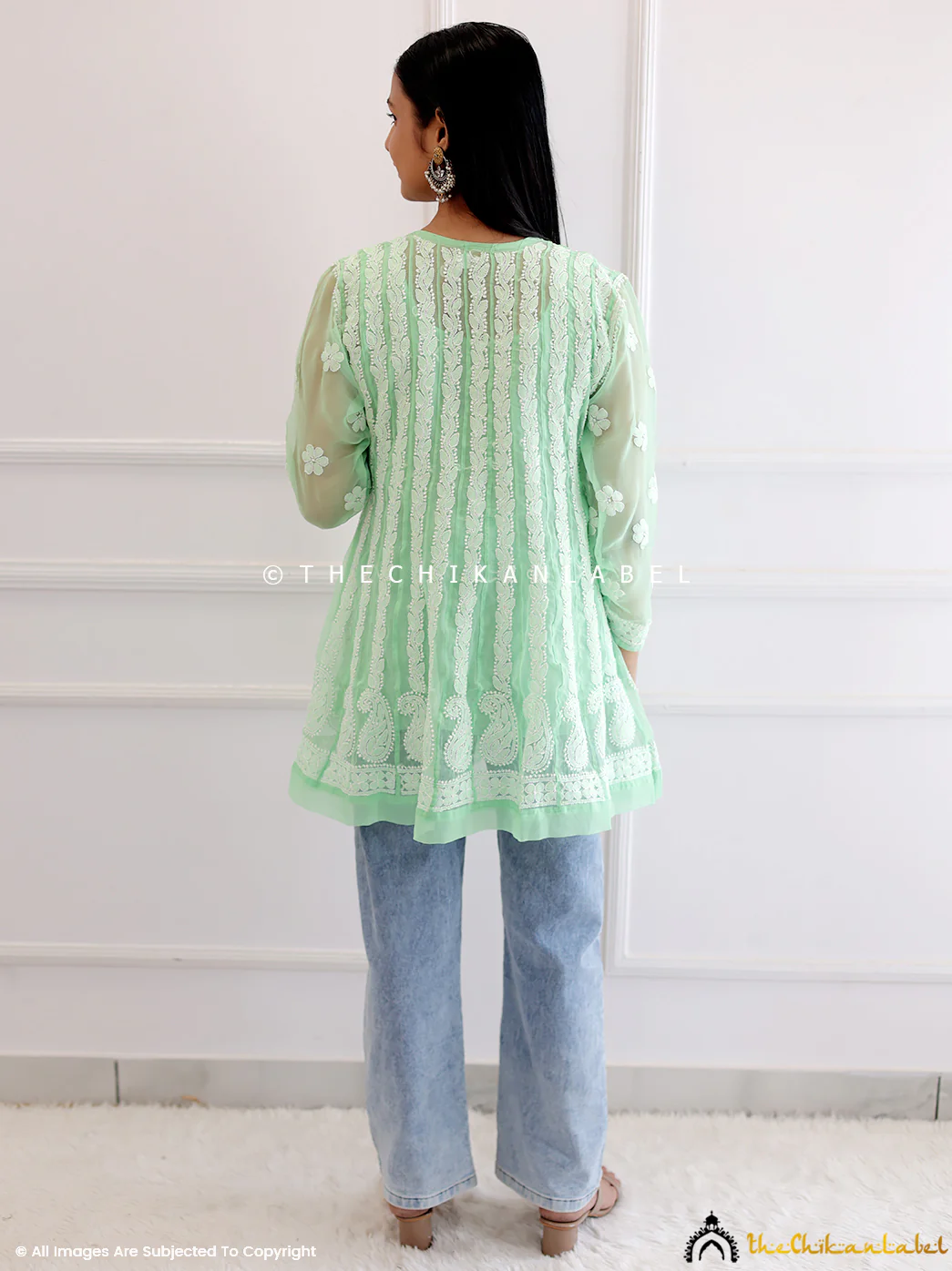 Green Georgette Chikankari Short Anarkali Kurti - Image 3