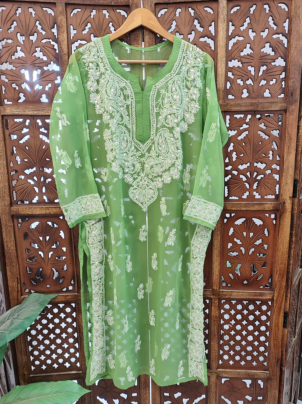 Green Georgette Chikankari Straight Kurti - Image 2