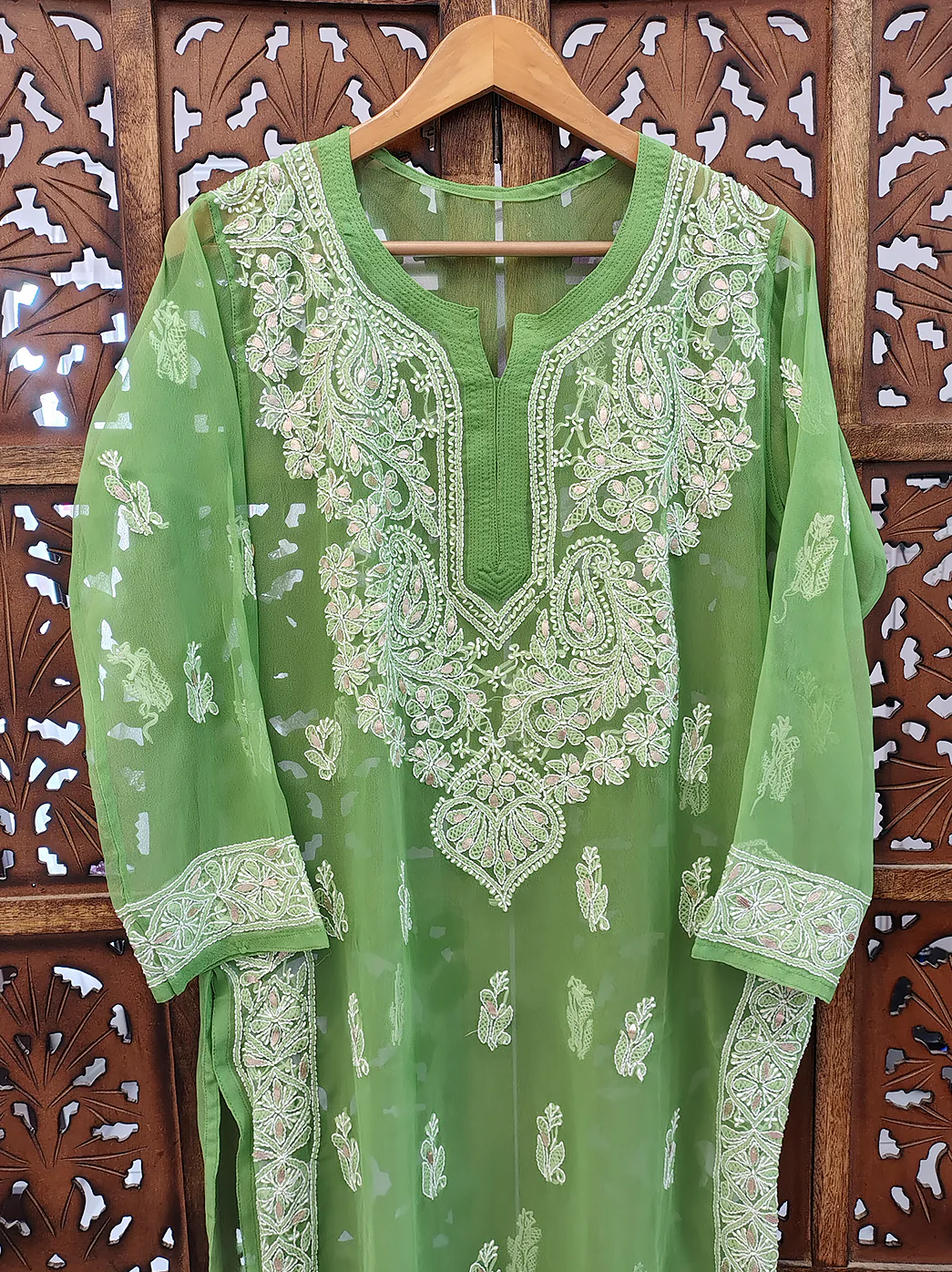 Green Georgette Chikankari Straight Kurti - Image 3