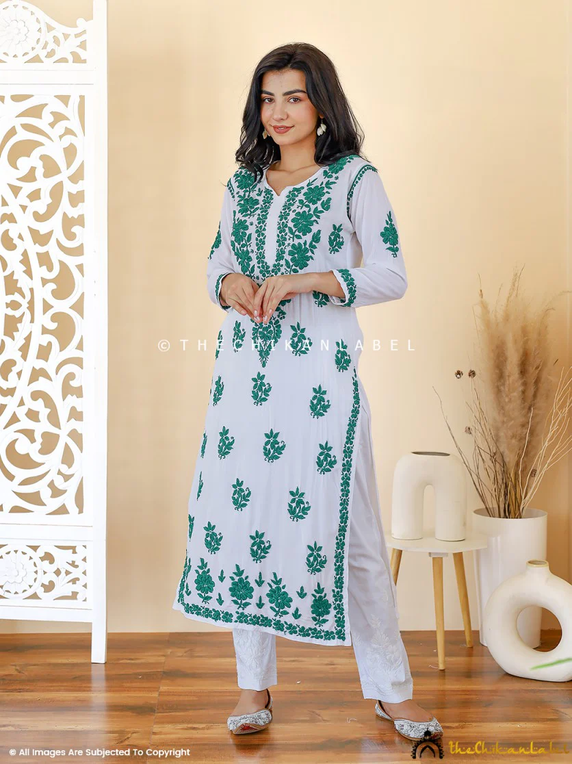 Jugni Modal Chikankari Straight Kurti - Green - Image 4