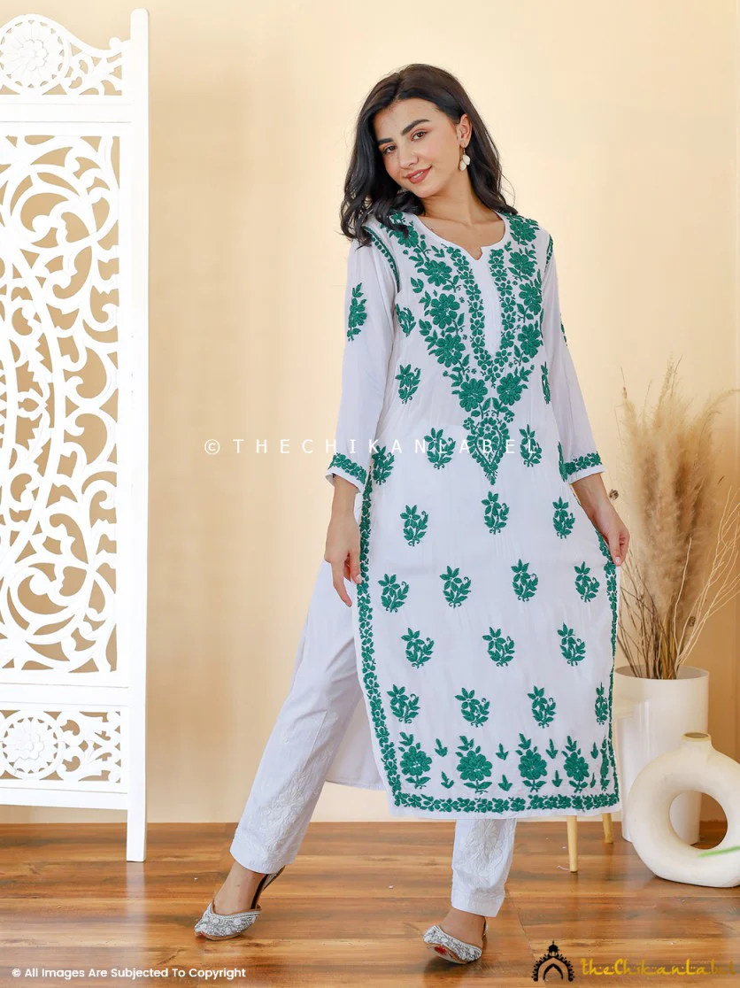 Jugni Modal Chikankari Straight Kurti - Green - Image 5