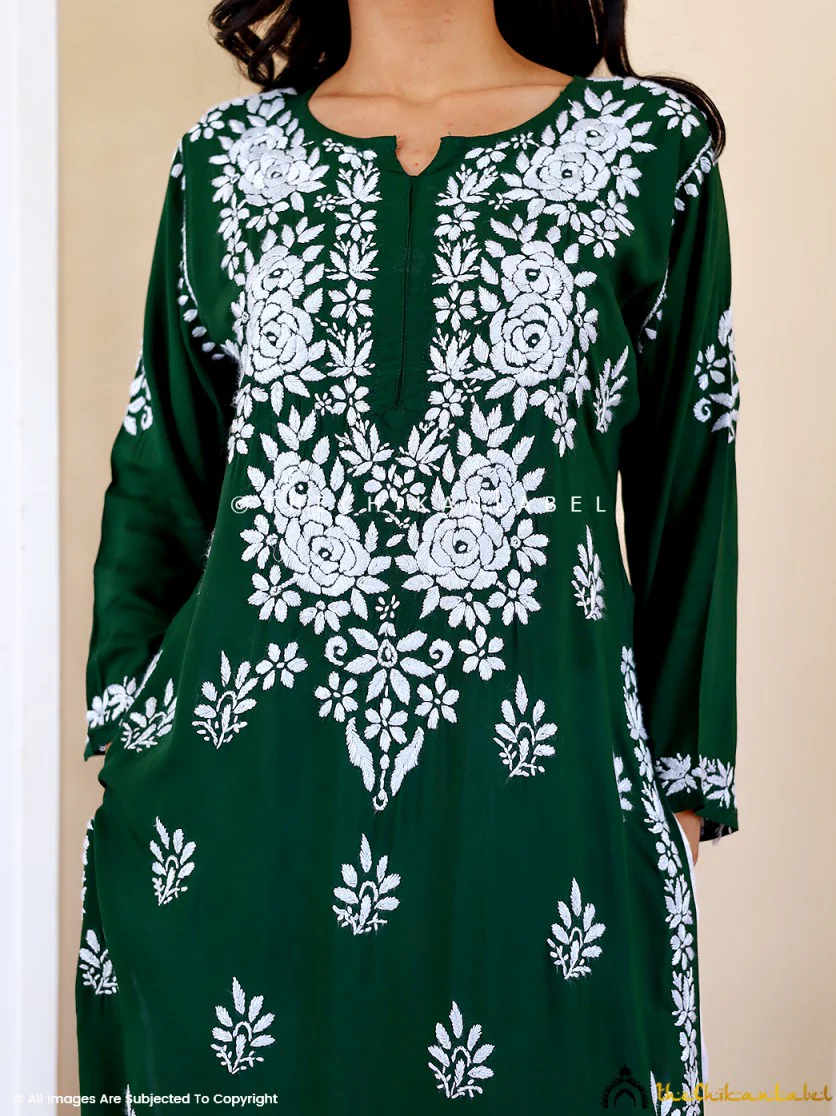 Green Masoom Modal Chikankari Straight Kurti - Image 2