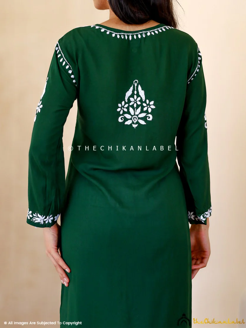 Green Masoom Modal Chikankari Straight Kurti - Image 3
