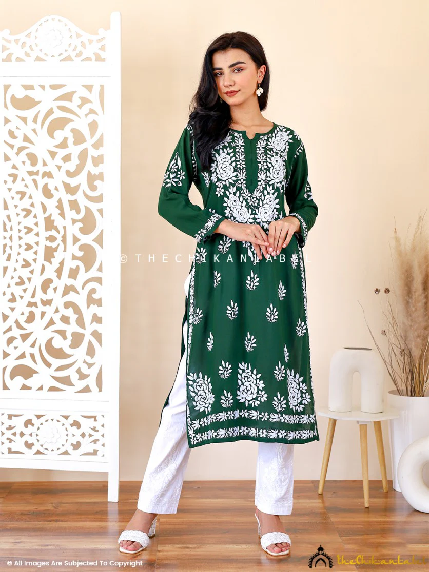 Green Masoom Modal Chikankari Straight Kurti - Image 4
