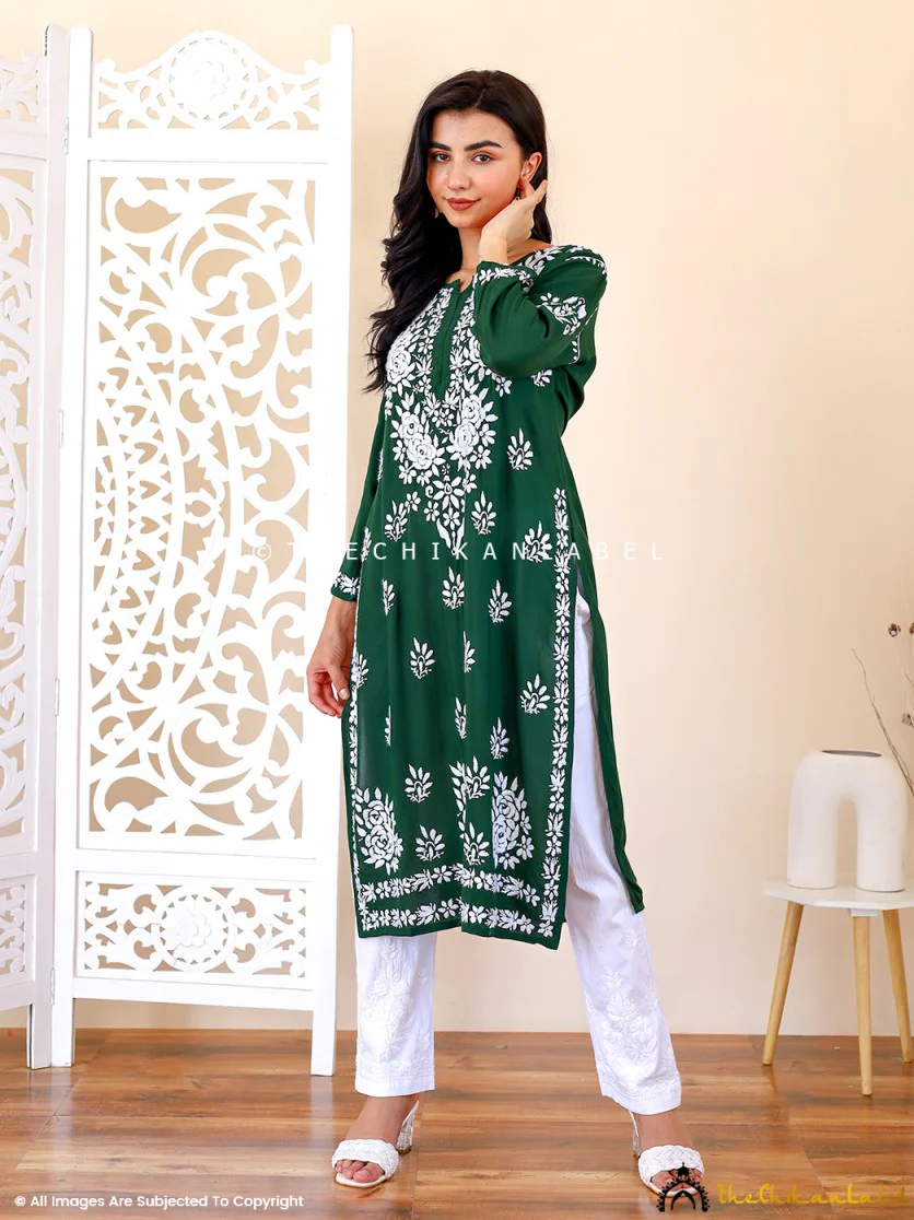 Green Masoom Modal Chikankari Straight Kurti - Image 5