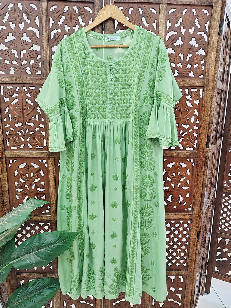 Green Modal Chikankari A-Line Kurti - Image 2