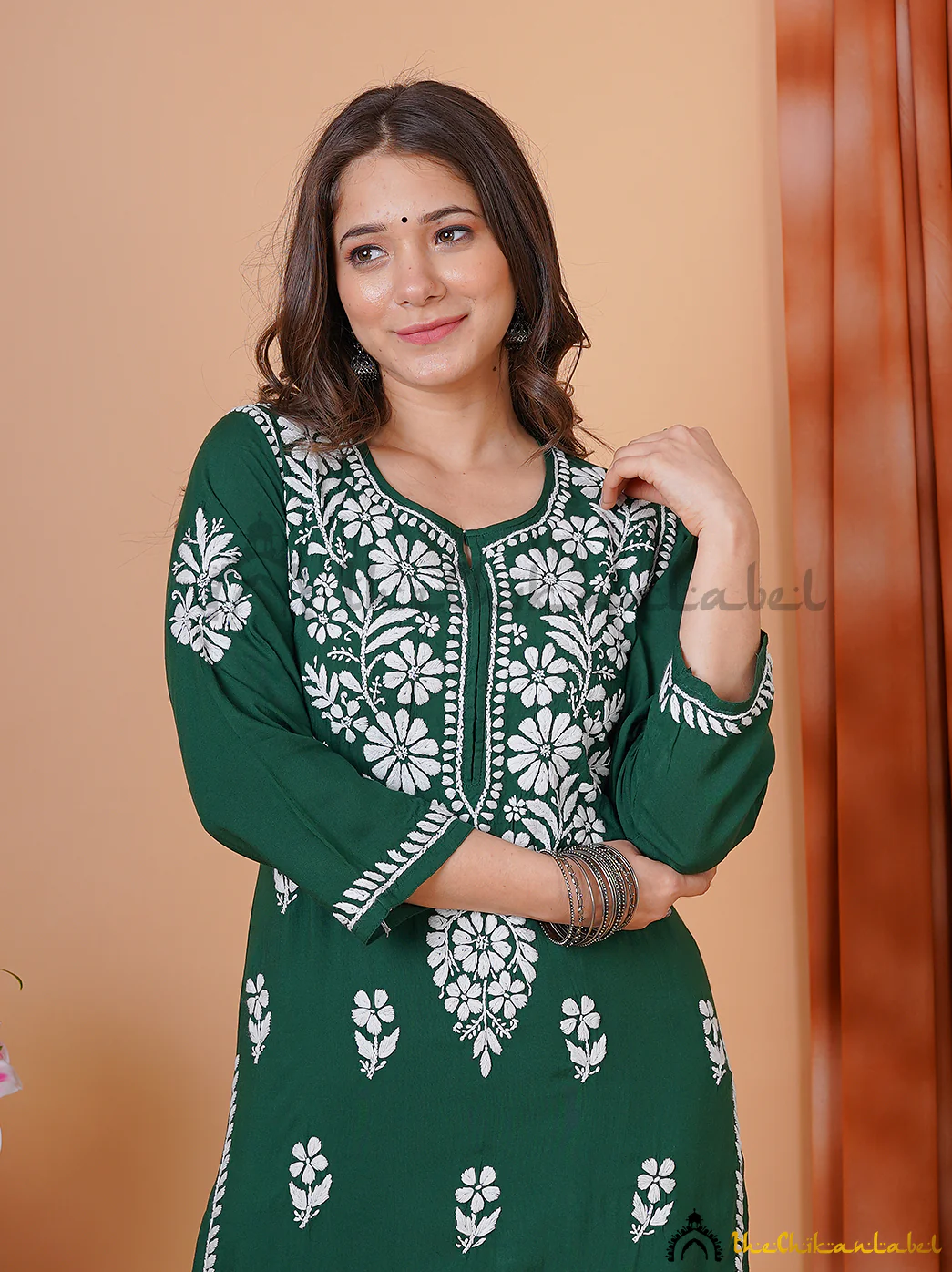 Green Modal Chikankari Kurti Palazzo Set - Image 2