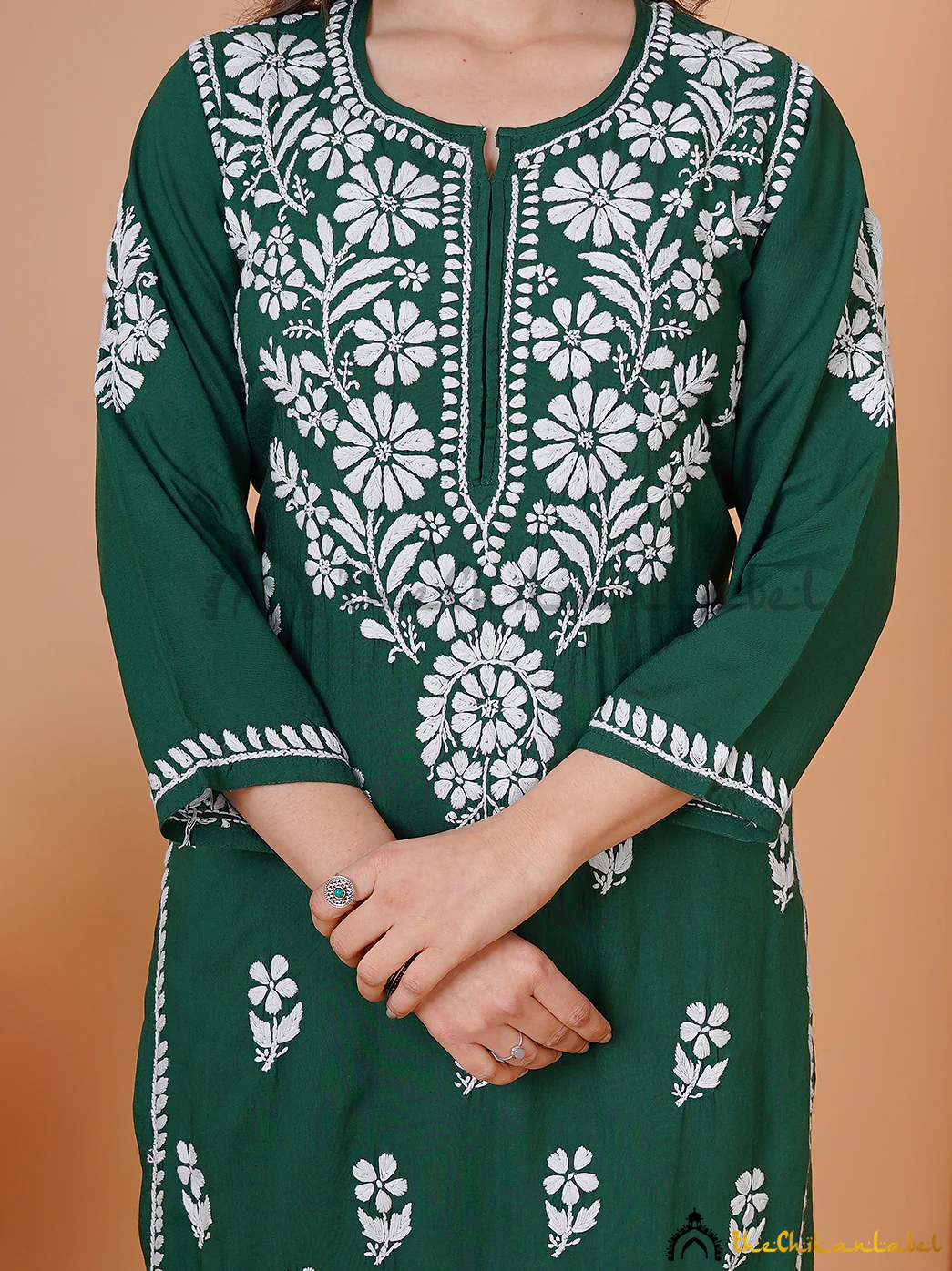 Green Modal Chikankari Kurti Palazzo Set - Image 3