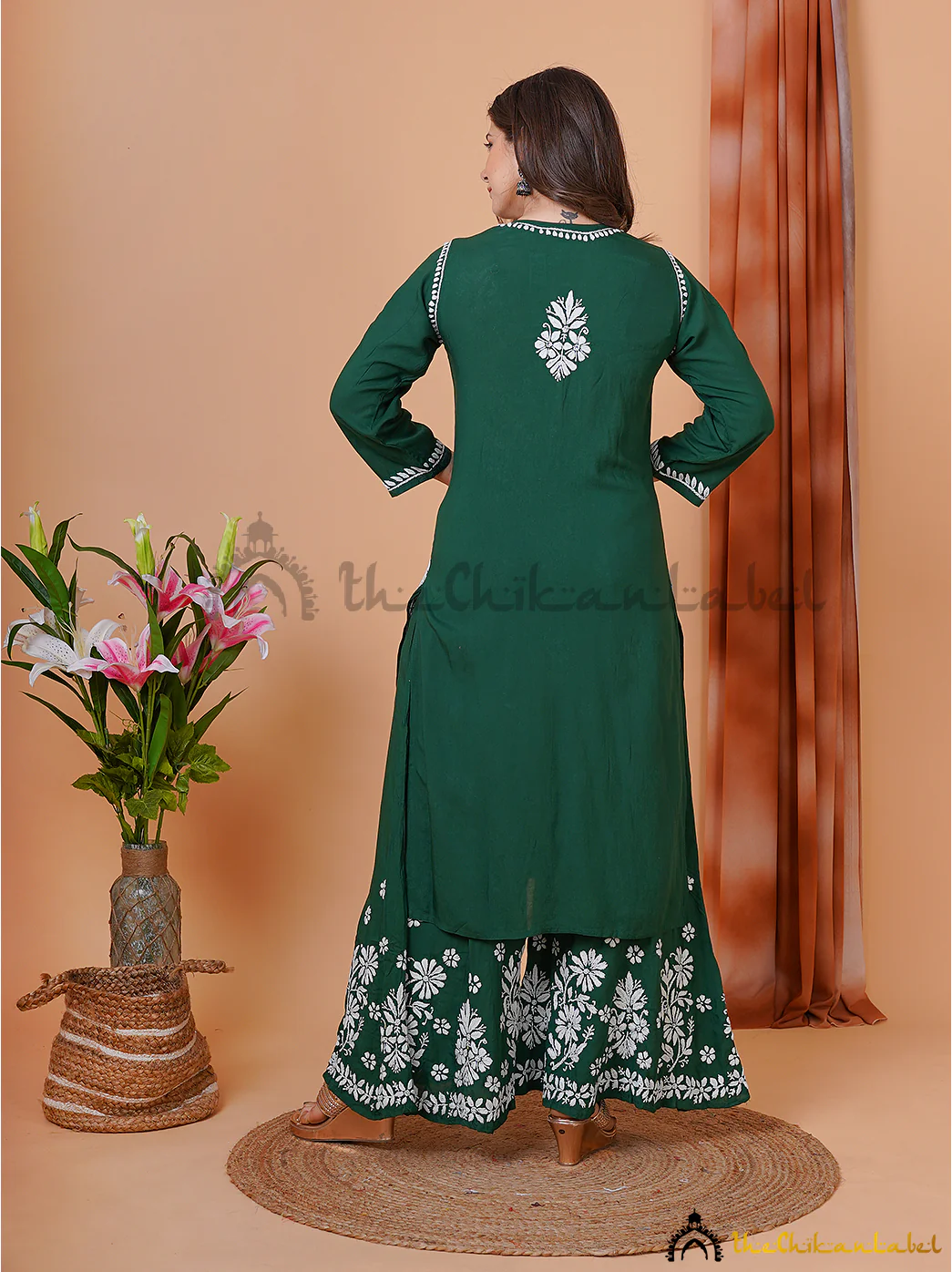 Green Modal Chikankari Kurti Palazzo Set - Image 4