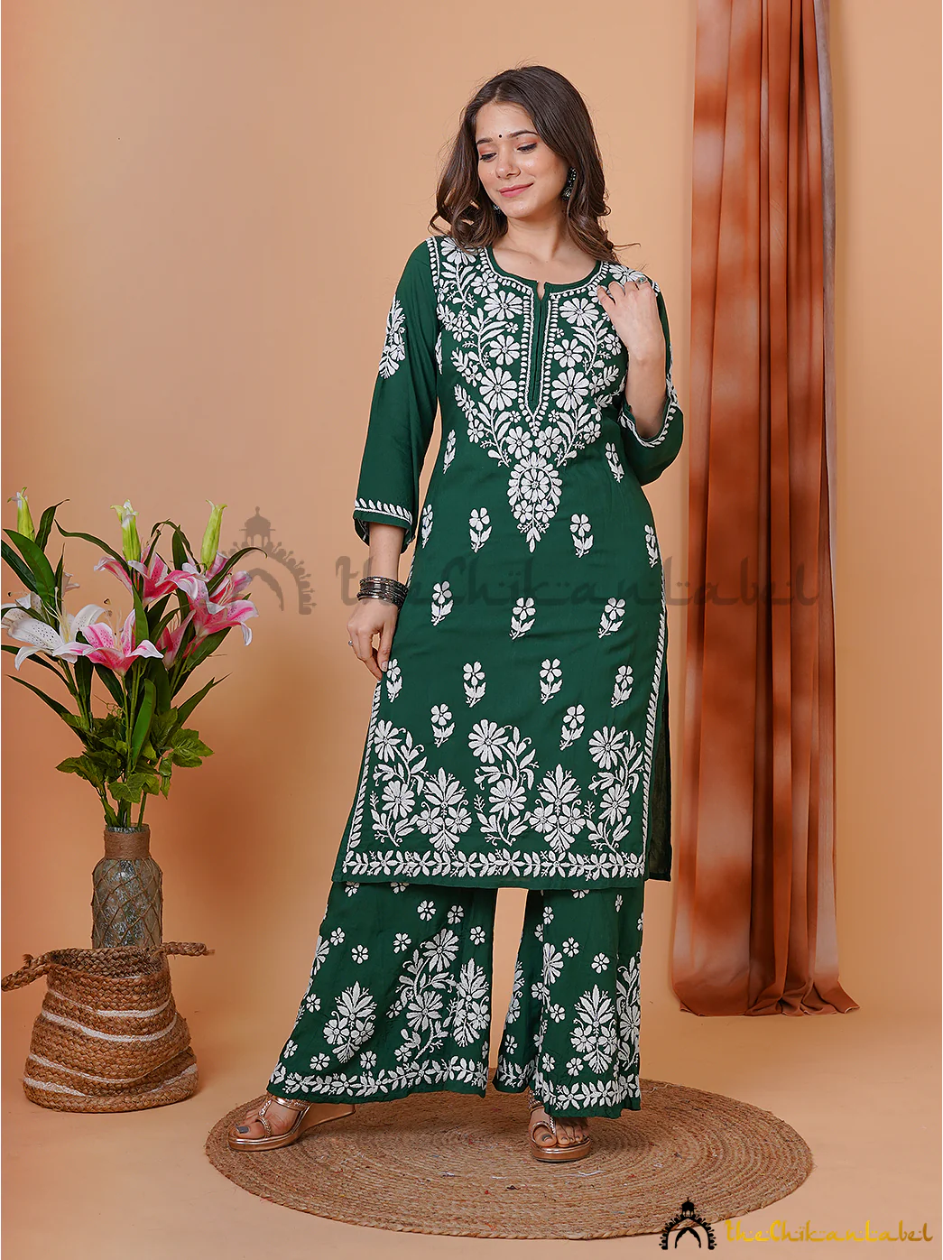 Green Modal Chikankari Kurti Palazzo Set - Image 5