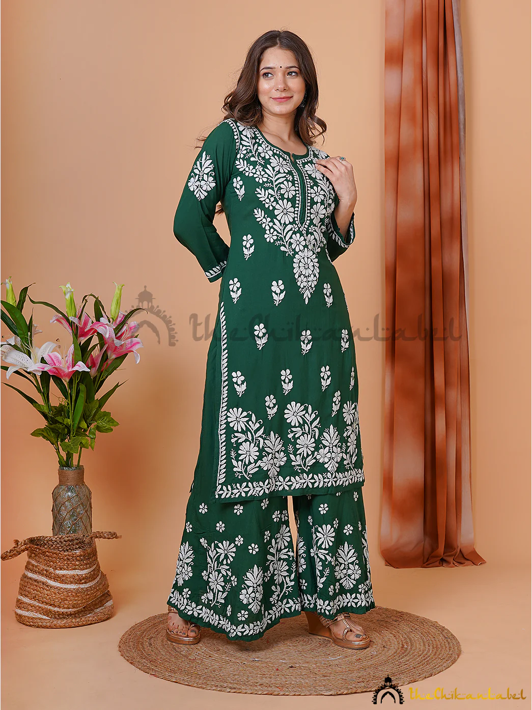 Green Modal Chikankari Kurti Palazzo Set - Image 6