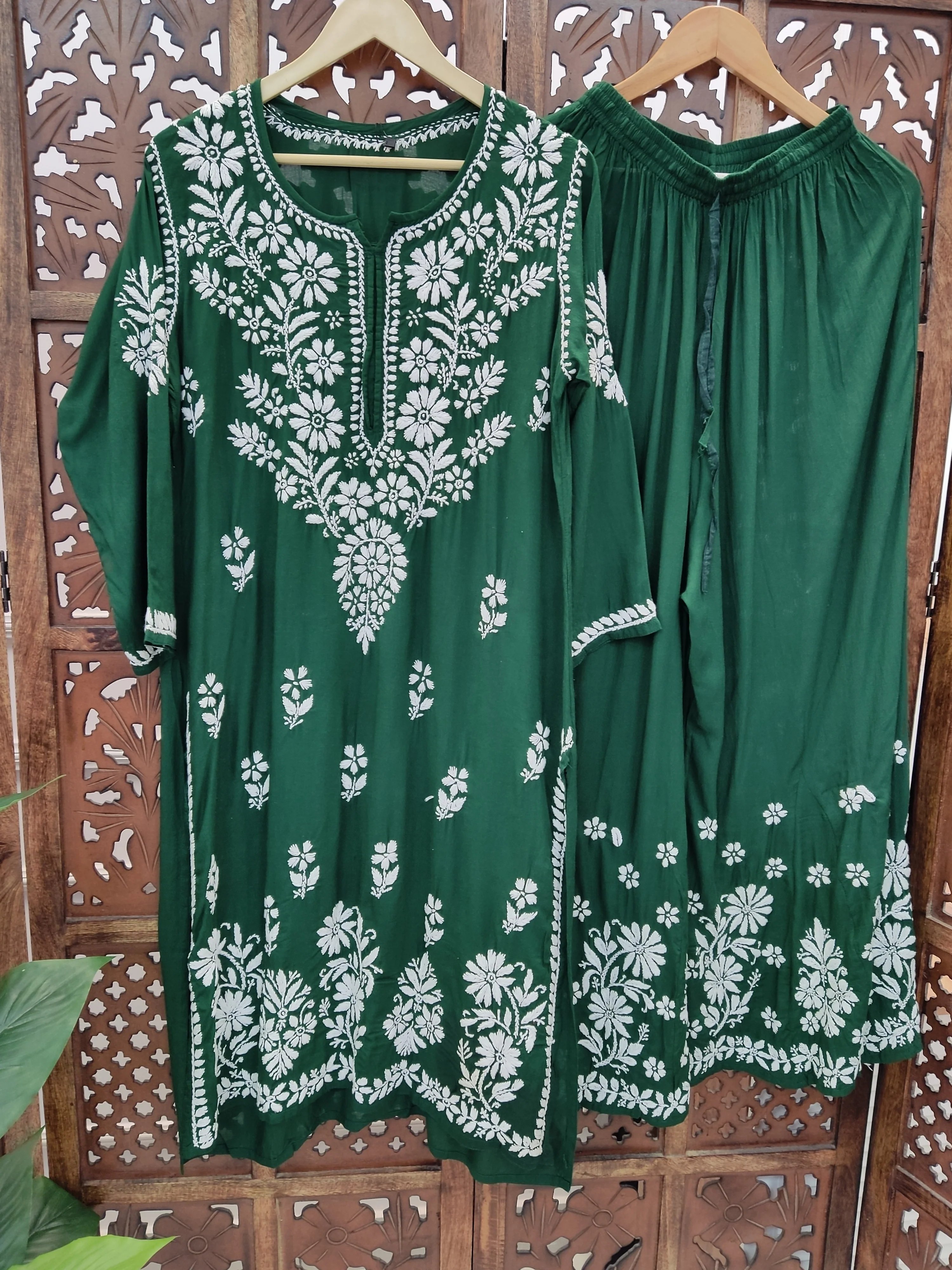 Green Modal Chikankari Kurti Palazzo Set - Image 7