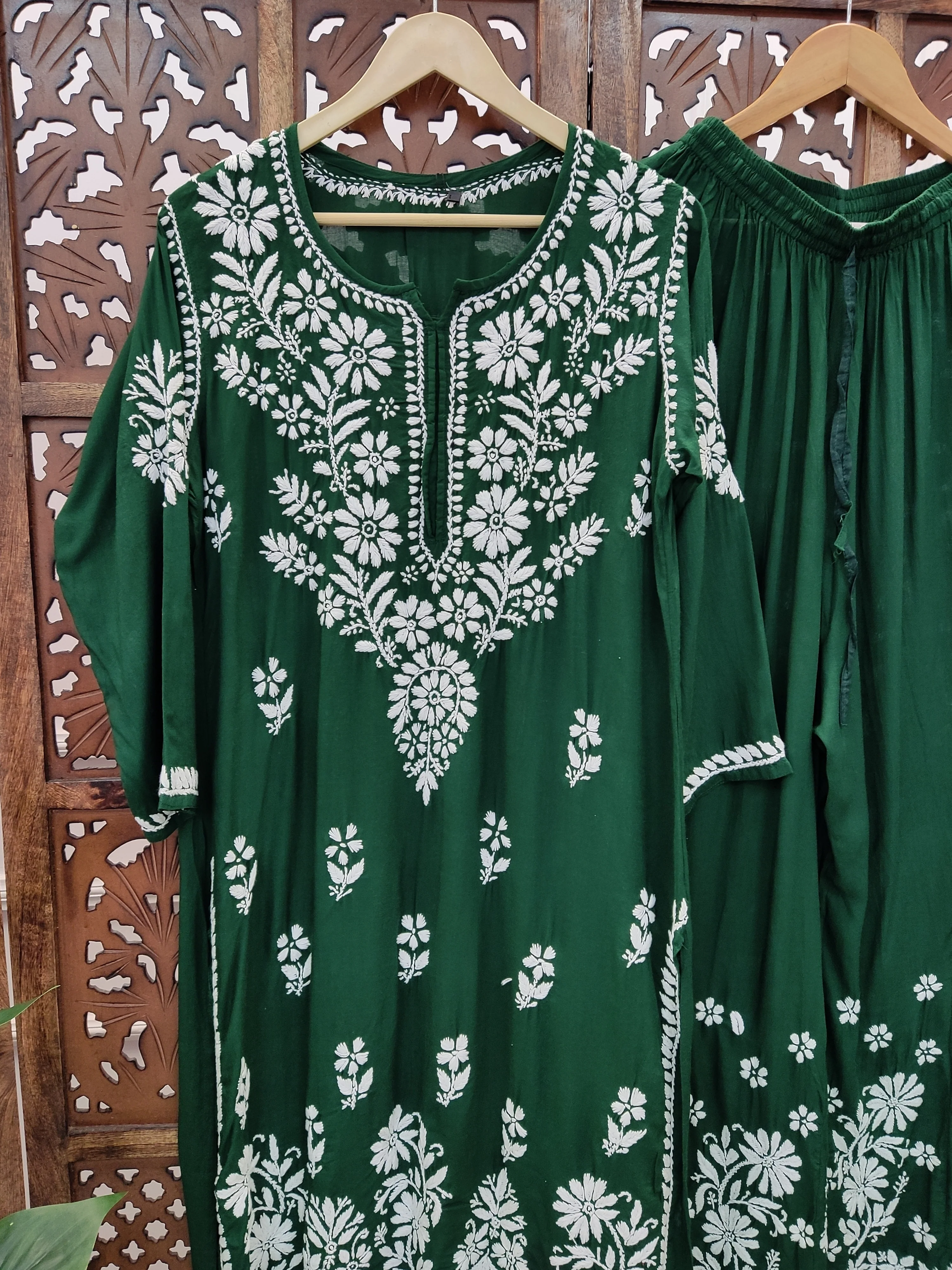 Green Modal Chikankari Kurti Palazzo Set - Image 8