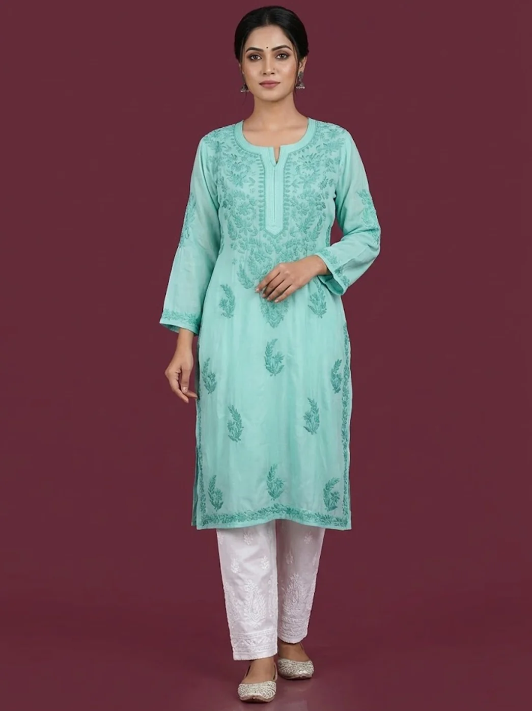 Green Modal Chikankari Straight Kurti