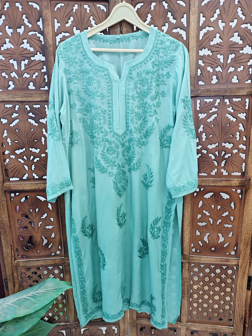 Green Modal Chikankari Straight Kurti - Image 2