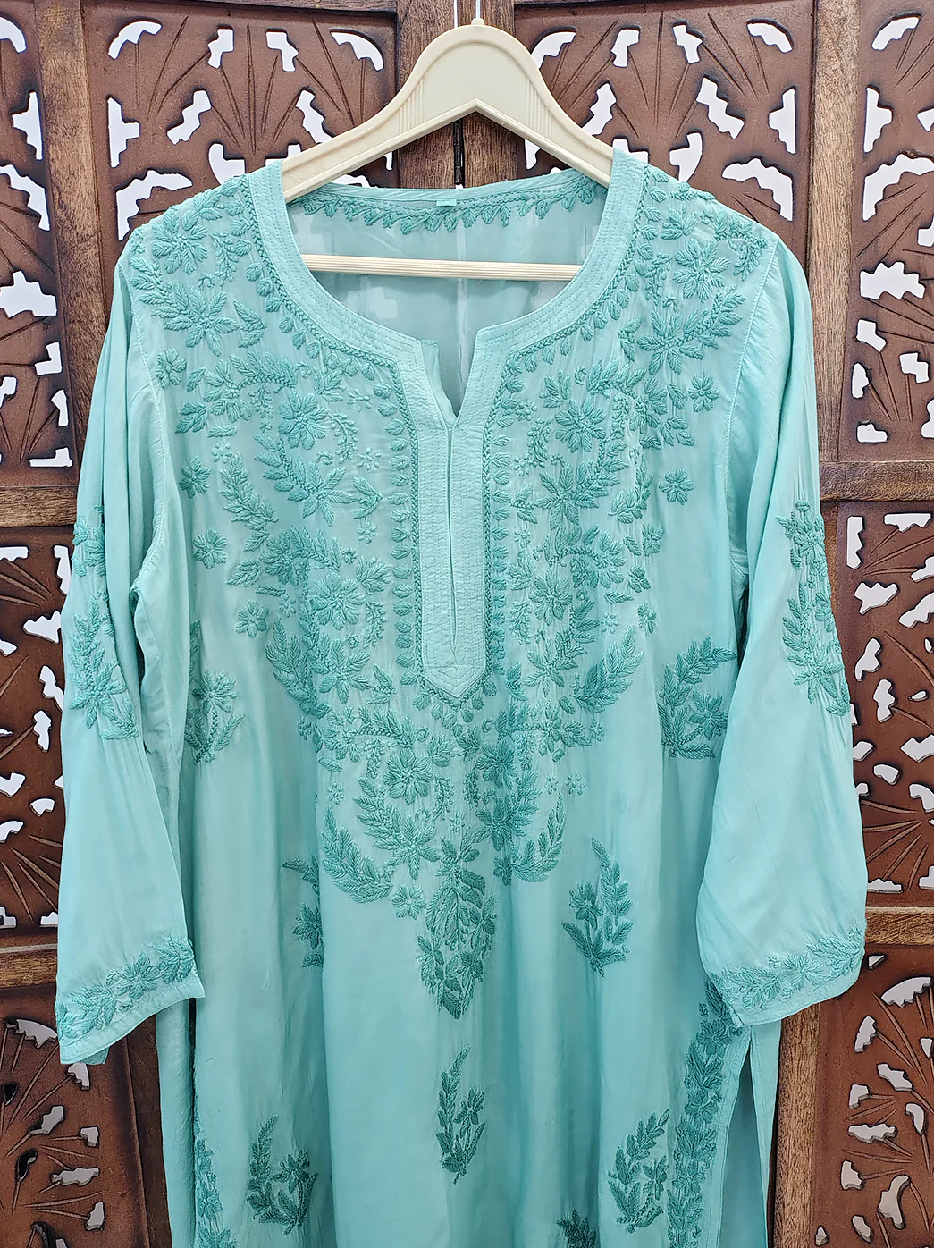Green Modal Chikankari Straight Kurti - Image 3