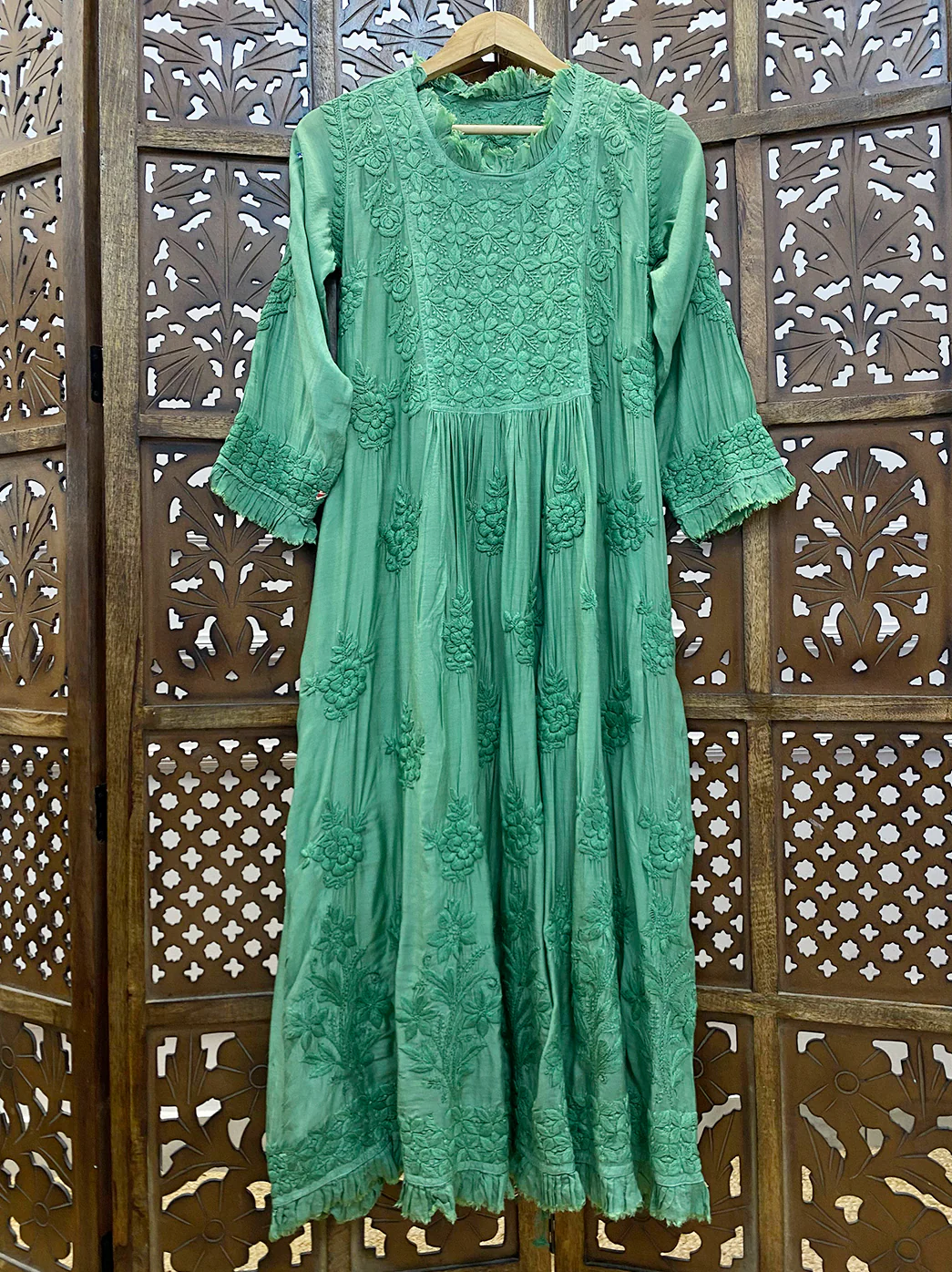Green Muslin Chikankari A-Line Kurti - Image 2