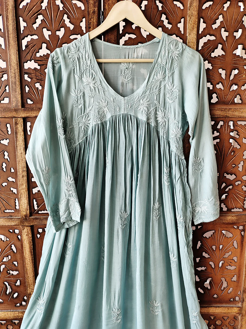 Green Muslin Chikankari A-Line Kurti - Image 3