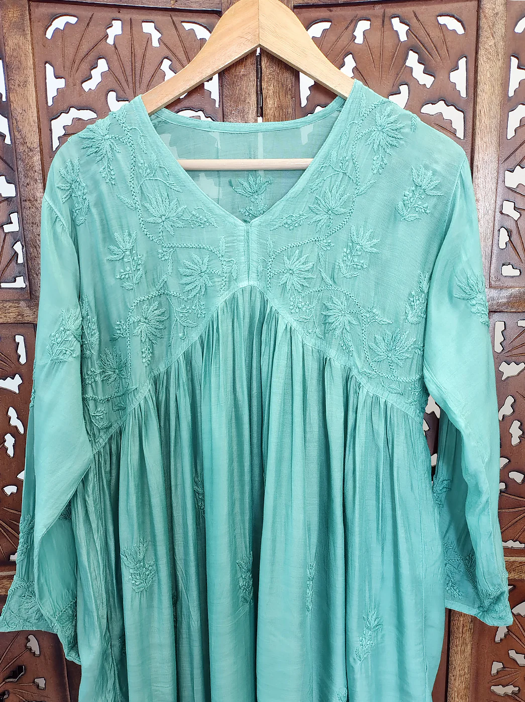 Green Muslin Chikankari Anarkali - Image 3
