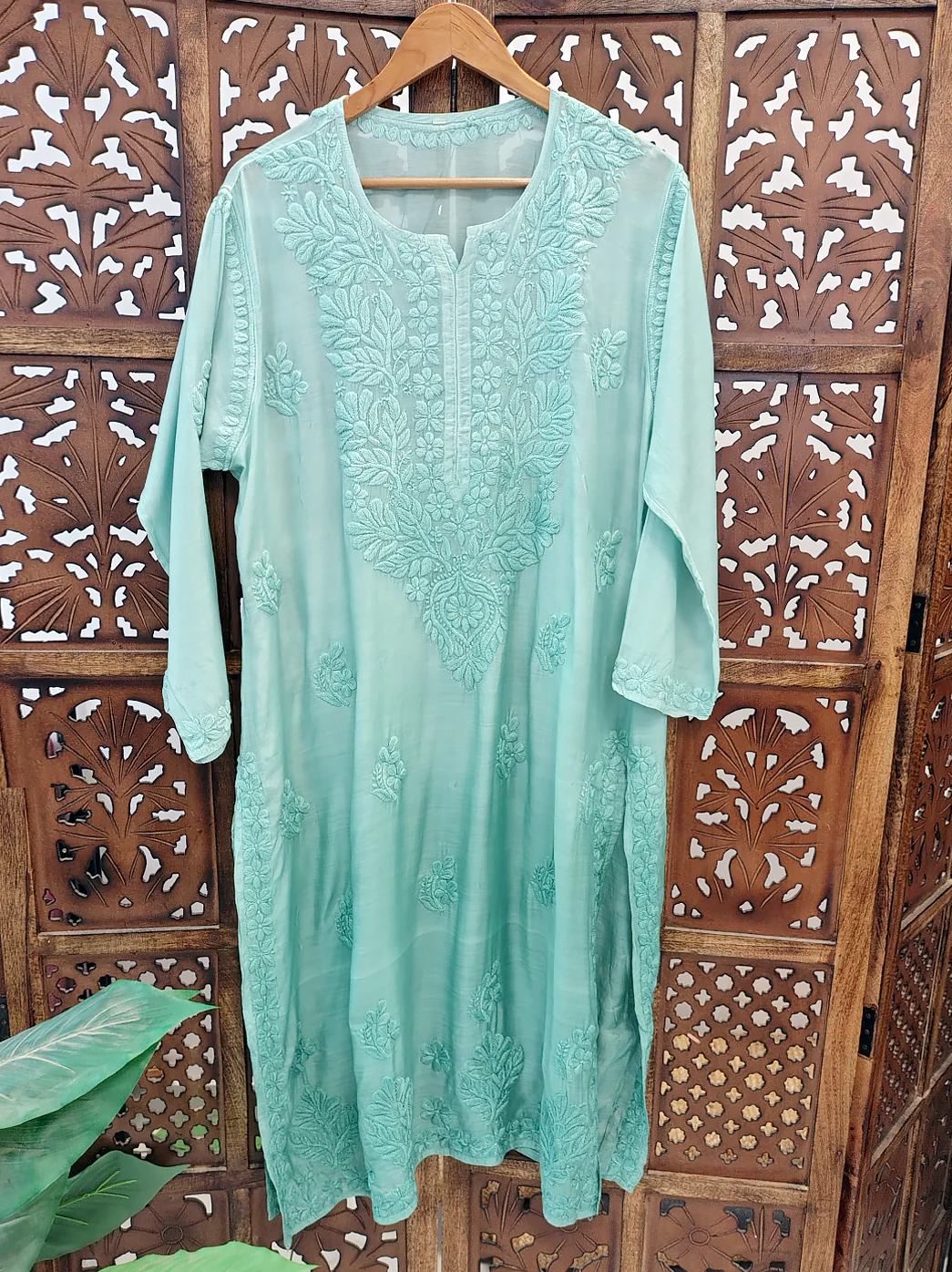 Green Muslin Chikankari Straight Kurti - Image 6
