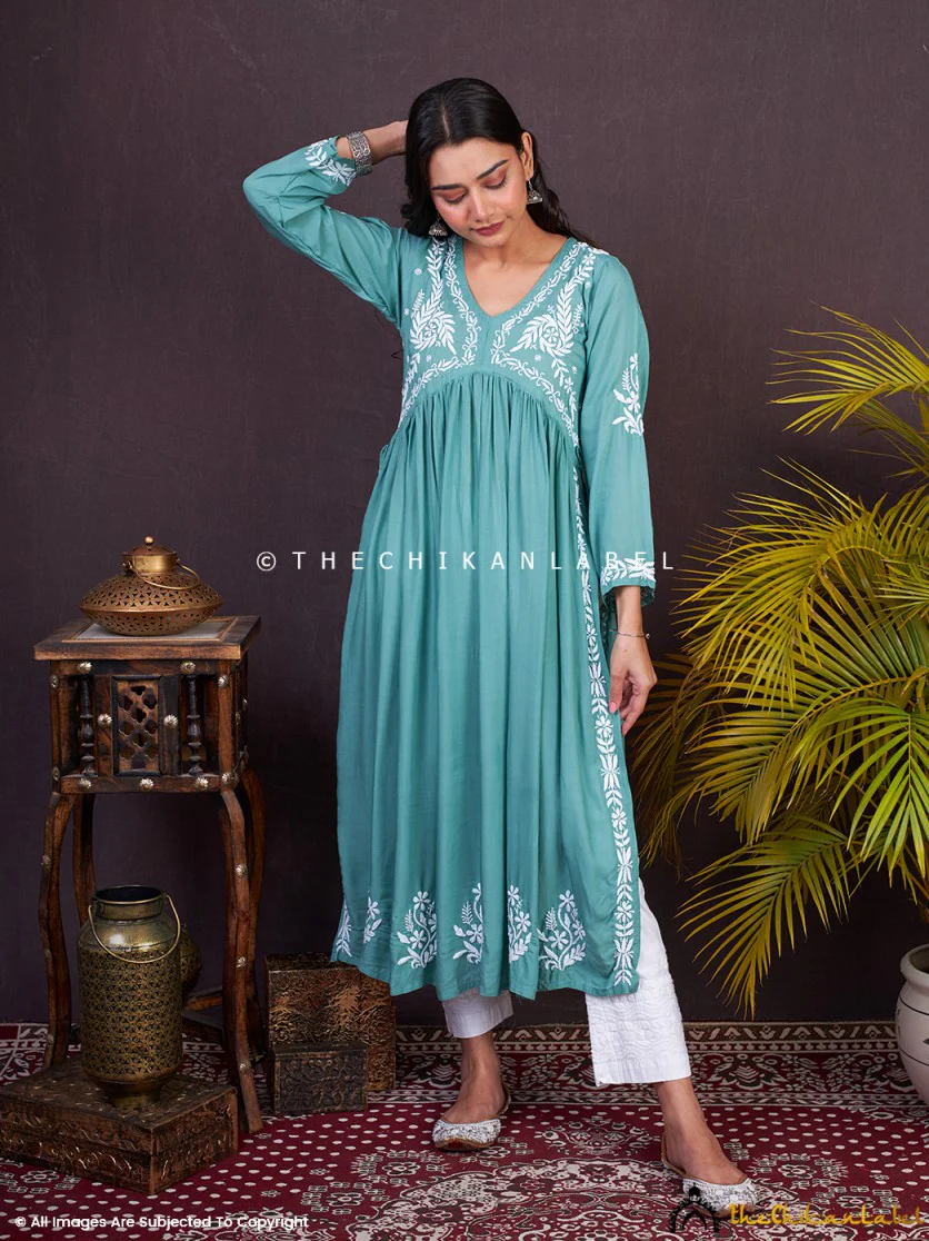 Nayra Modal Chikankari Anarkali -Green - Image 4