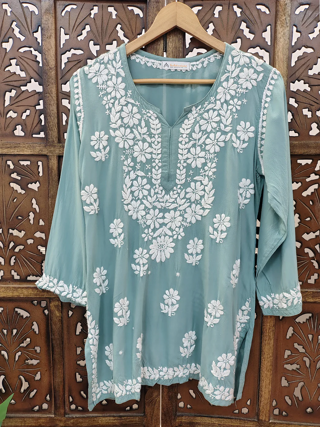 Green Rayon Chikankari Short Top - Image 2