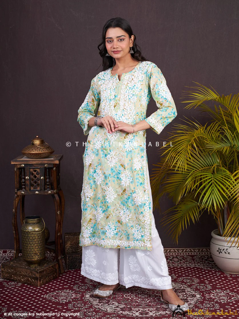 Sabiha Mulmul Chikankari Straight Kurti - Green - Image 4