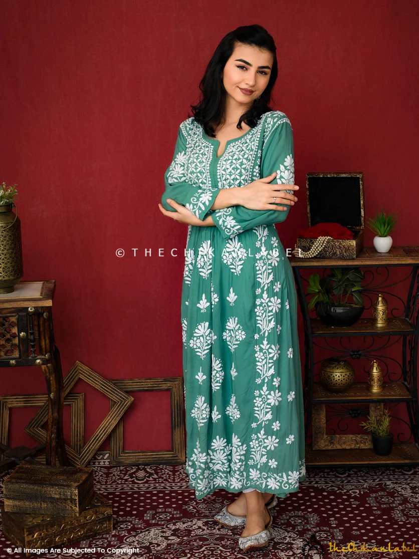 Zinia Modal Chikankari A-Line Kurti - Green - Image 3