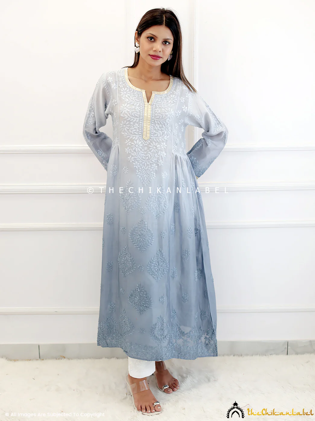 Grey Chanderi Chikankari A-Line Kurti