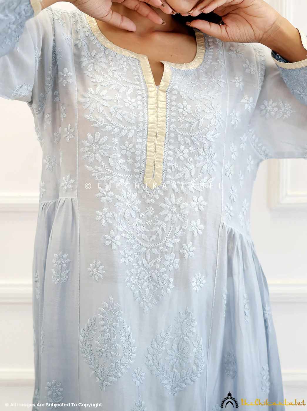 Grey Chanderi Chikankari A-Line Kurti - Image 2