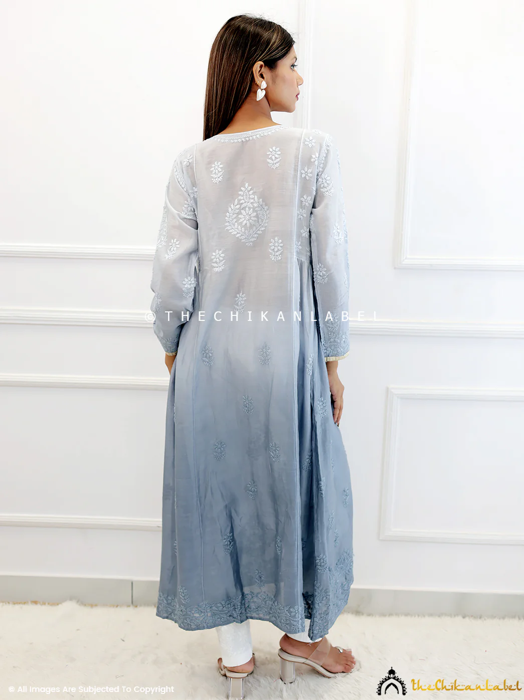 Grey Chanderi Chikankari A-Line Kurti - Image 3