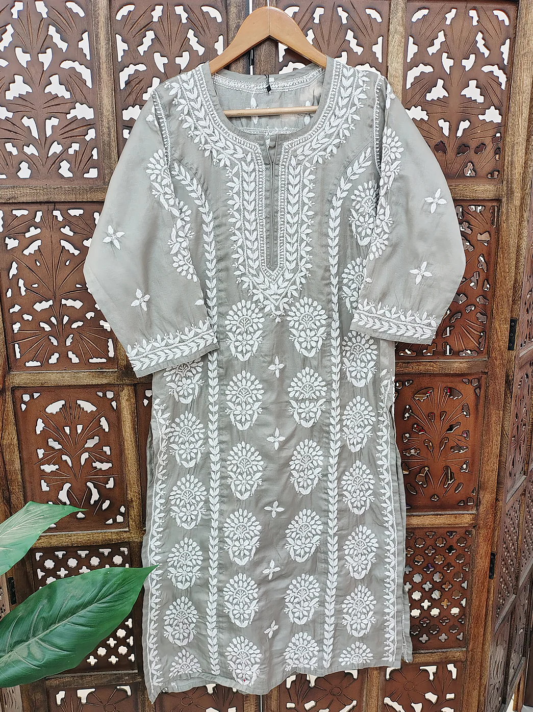 Grey Chanderi Chikankari Straight Kurti - Image 2