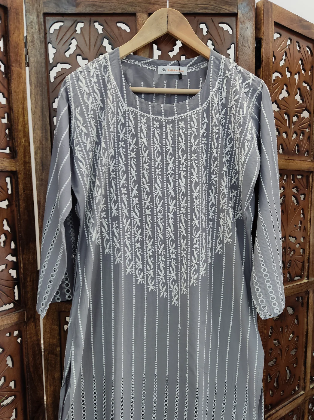 Grey Cotton Chikankari Straight Kurti - Image 3