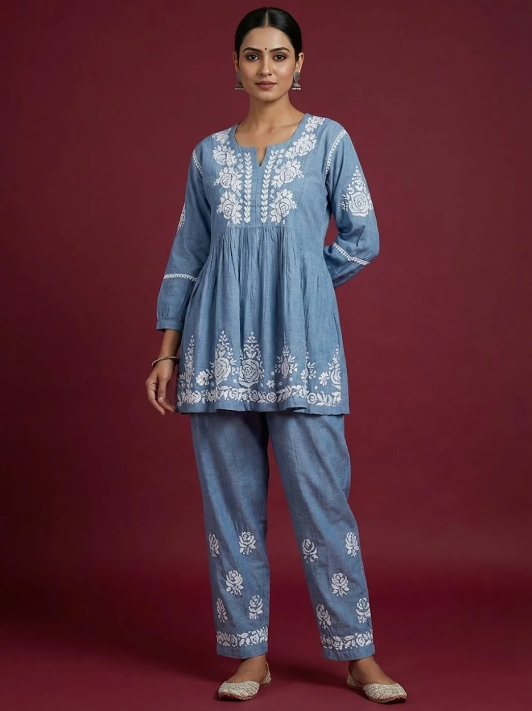 Grey Denim Chikankari Short Kurta Set