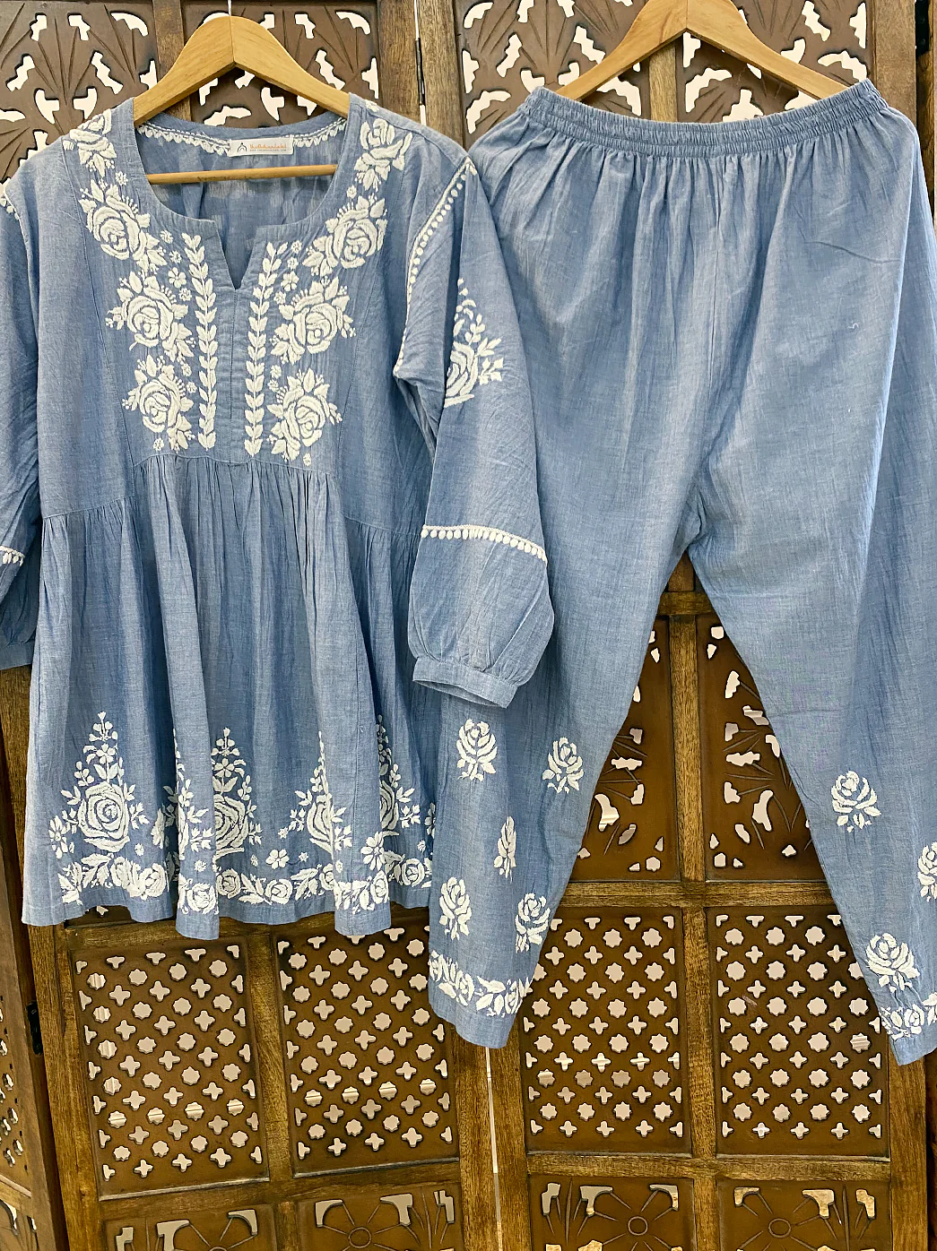 Grey Denim Chikankari Short Kurta Set - Image 2